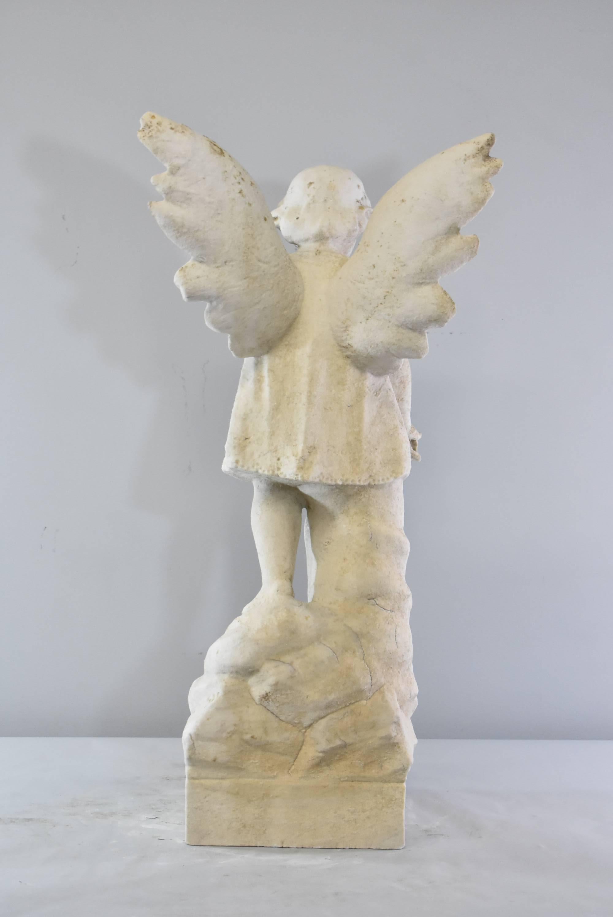 Antique Outdoor Garden Winged Angel or Child Marble Sculpture In Good Condition In Toledo, OH