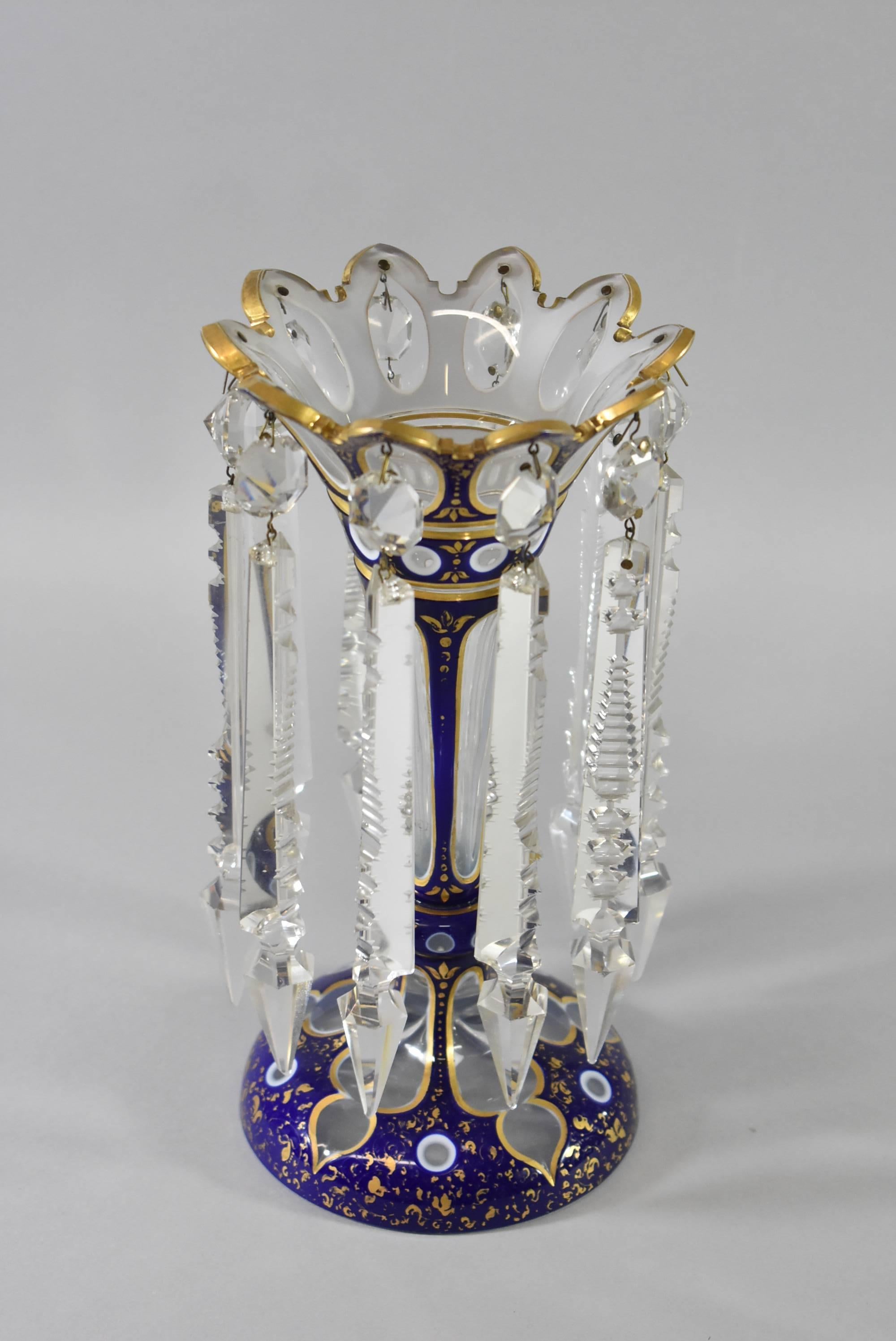 Czech Pair of Cobalt Blue and Gold Moser Bohemian Style Lustre Vases with Crystals