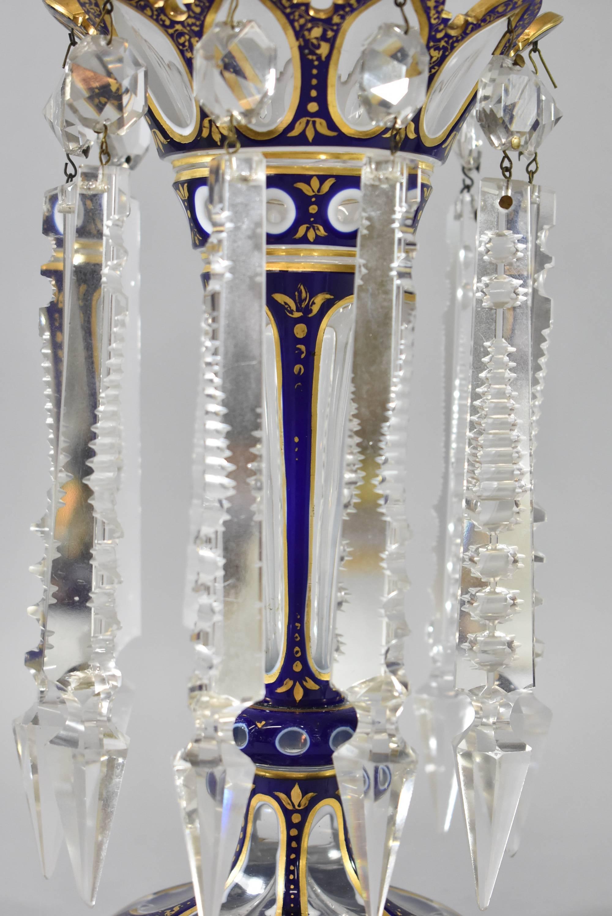 19th Century Pair of Cobalt Blue and Gold Moser Bohemian Style Lustre Vases with Crystals