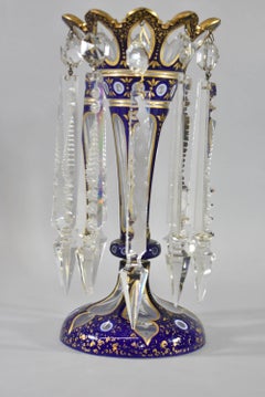 Pair of Cobalt Blue and Gold Moser Bohemian Style Lustre Vases with Crystals