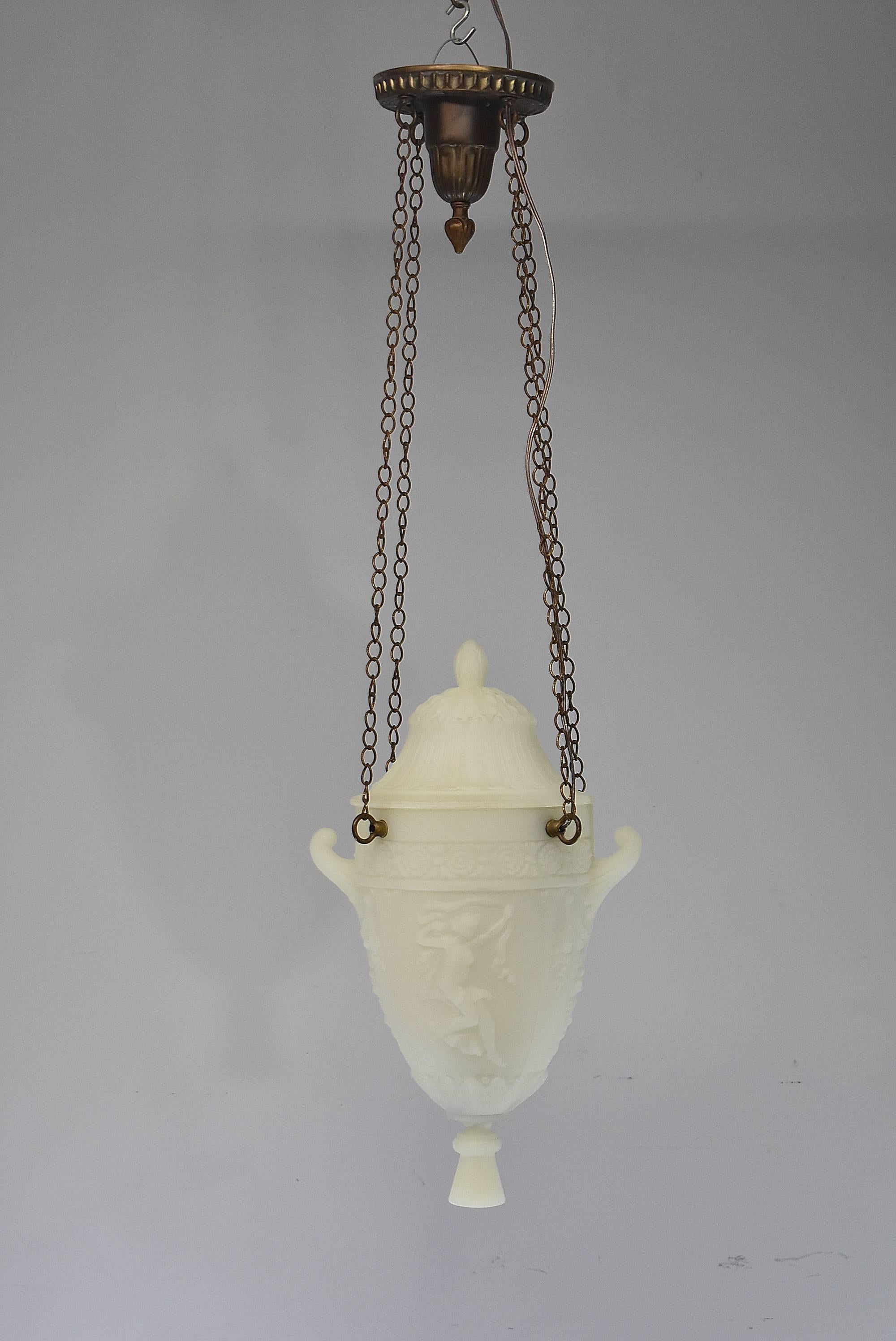 White Frosted Grecian Urn Style Chandelier Light Fixture with Lid In Good Condition In Toledo, OH