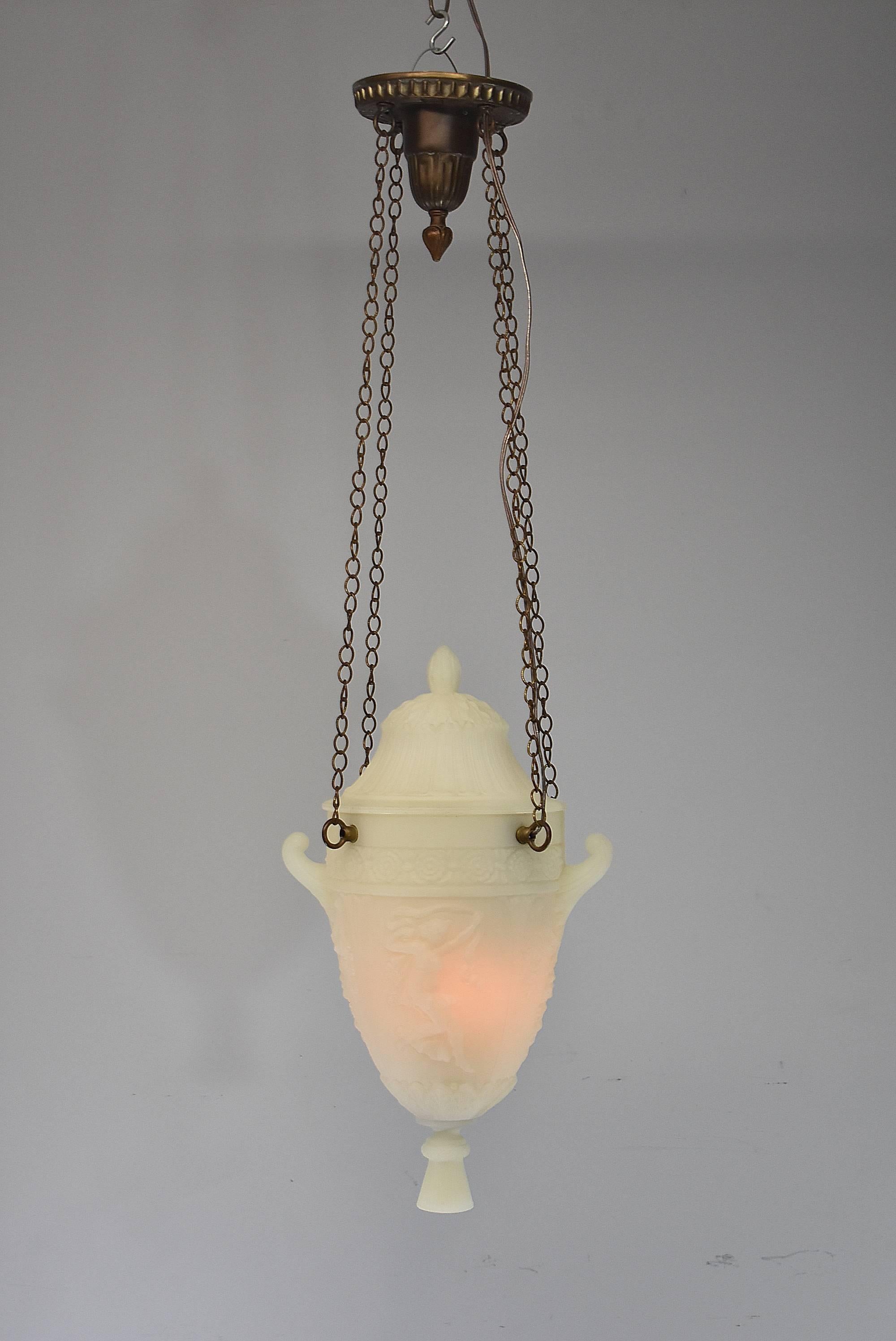 20th Century White Frosted Grecian Urn Style Chandelier Light Fixture with Lid