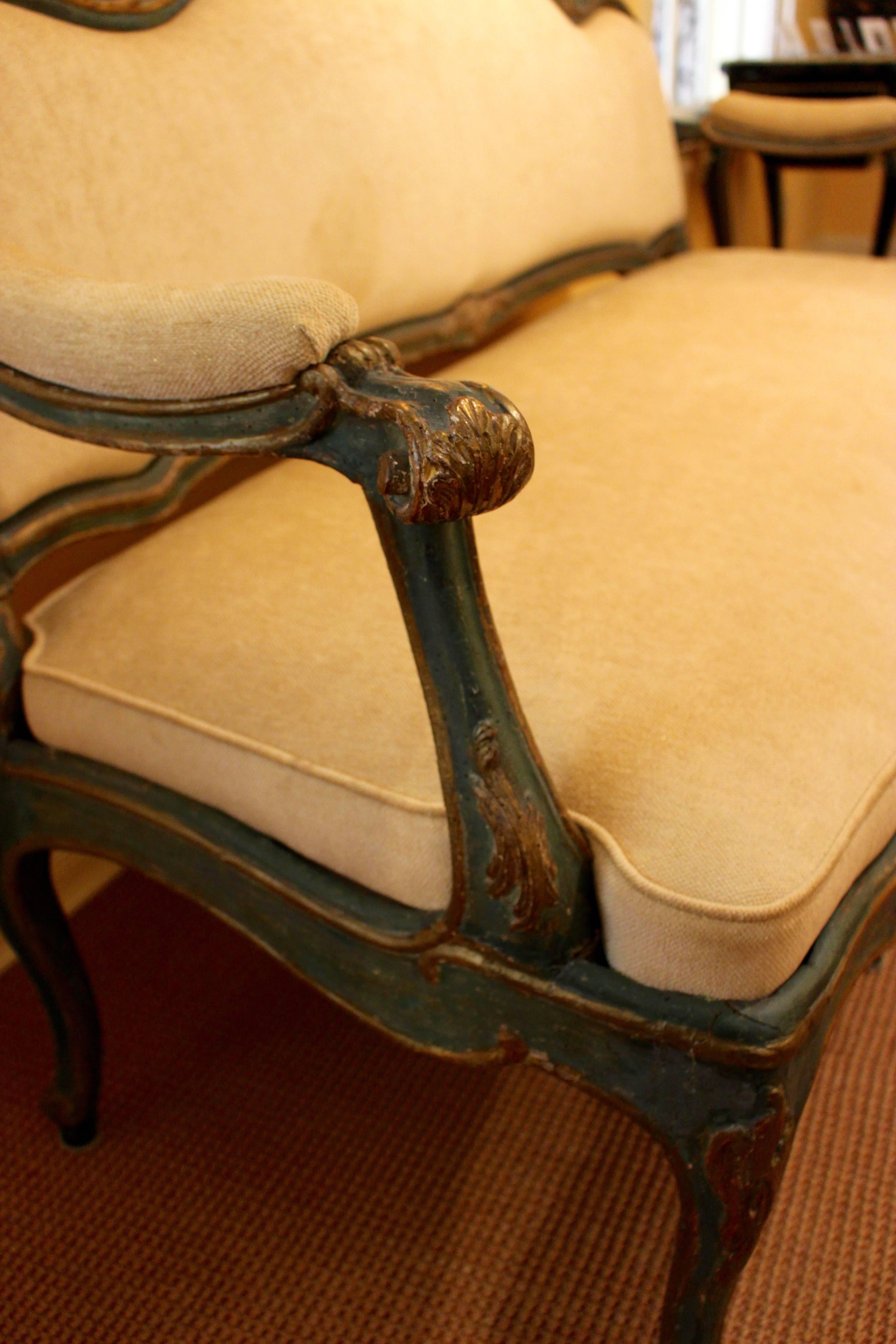 Upholstery 18th century North Italian Baroque Style Green-Painted and Parcel-Gilt Settee For Sale