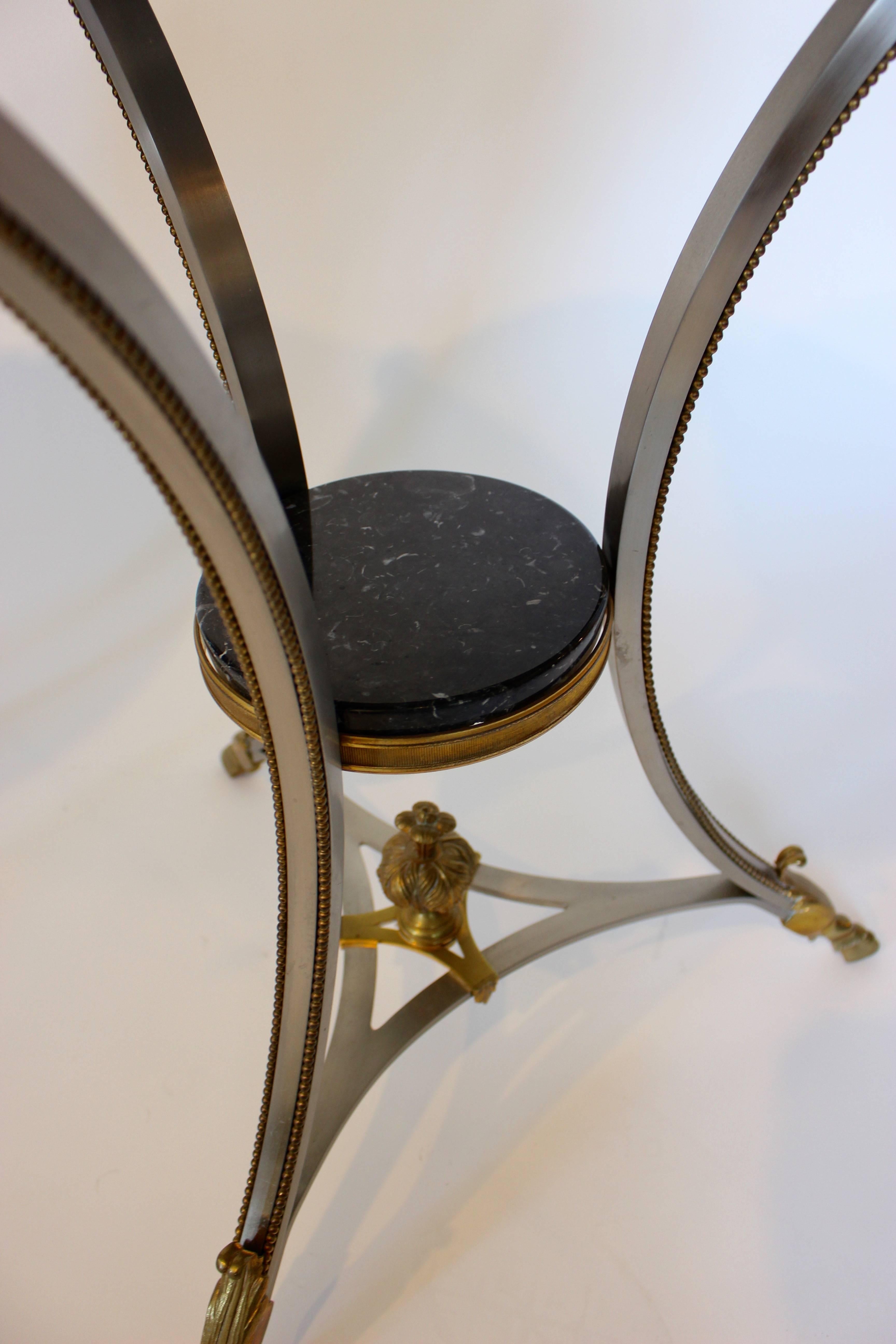 Contemporary Pair of Ormolu and Metal Guéridon Tables with Black Marble Top and Ram’s Masks For Sale