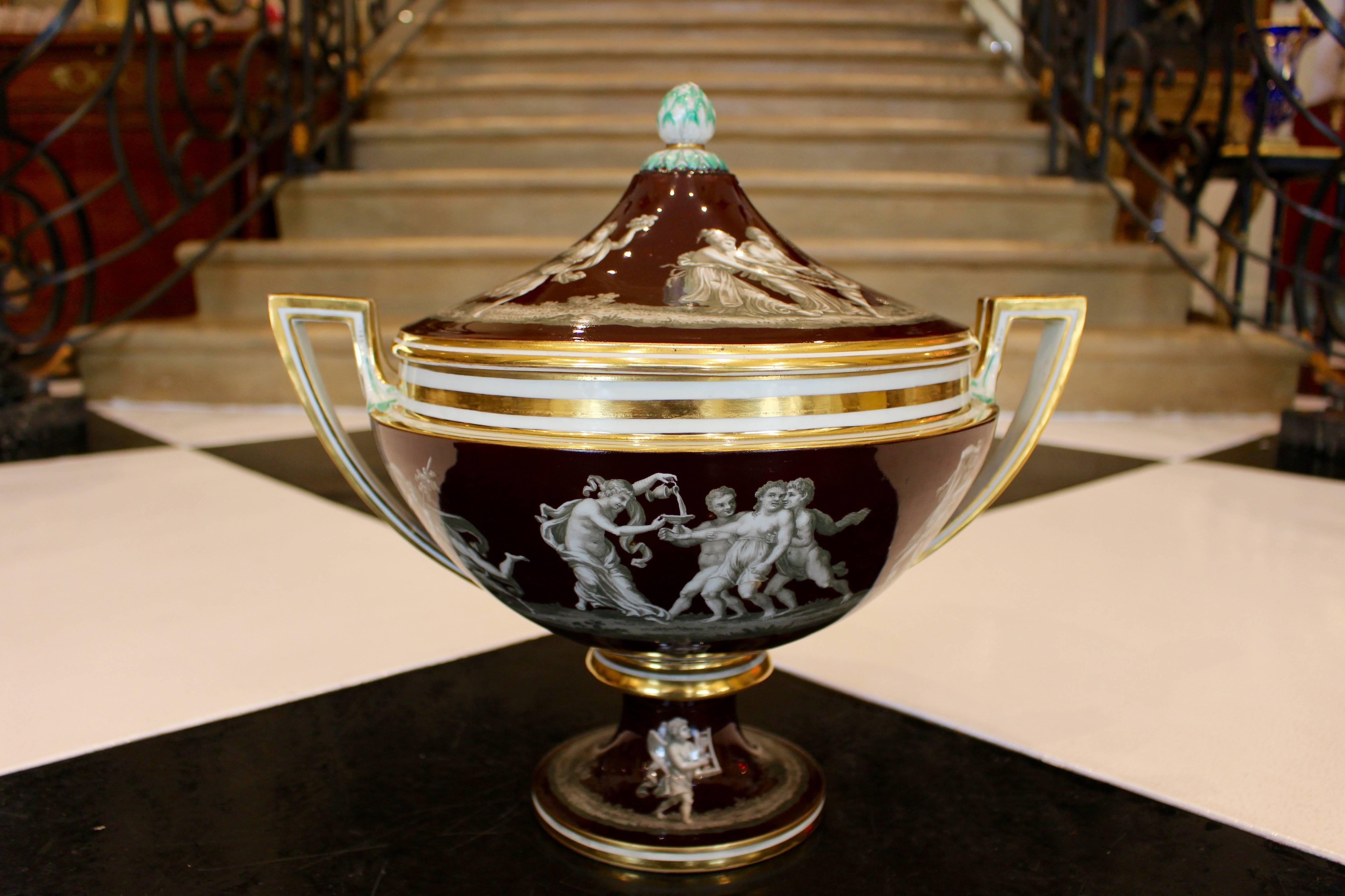 Glass Continental Covered Soup Tureen in Neoclassical Style with Bacchic Decoration For Sale