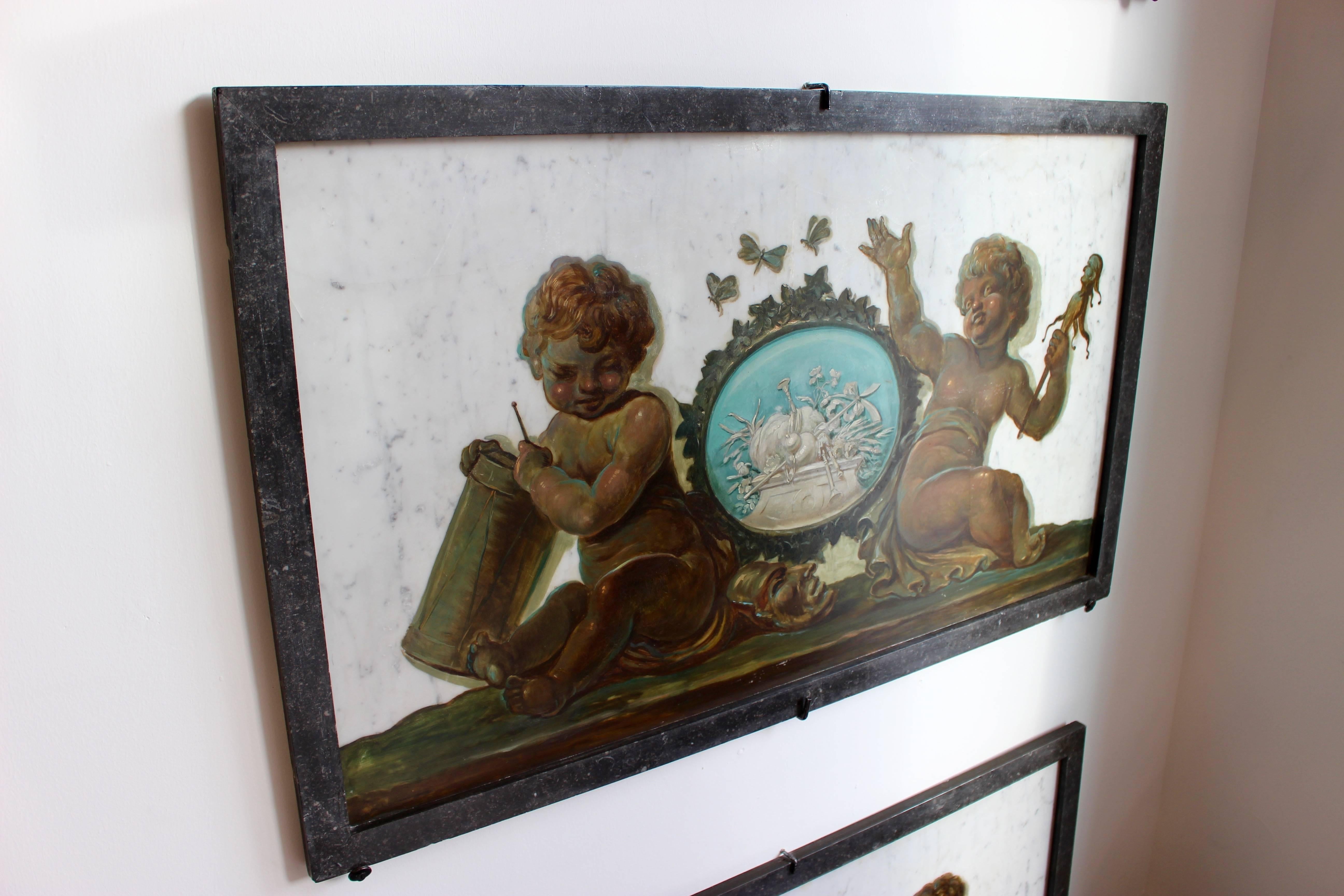 Painted Early 19th Century Set of Four Trompe-L’Oeil Oil Paintings on Marble with Putti For Sale