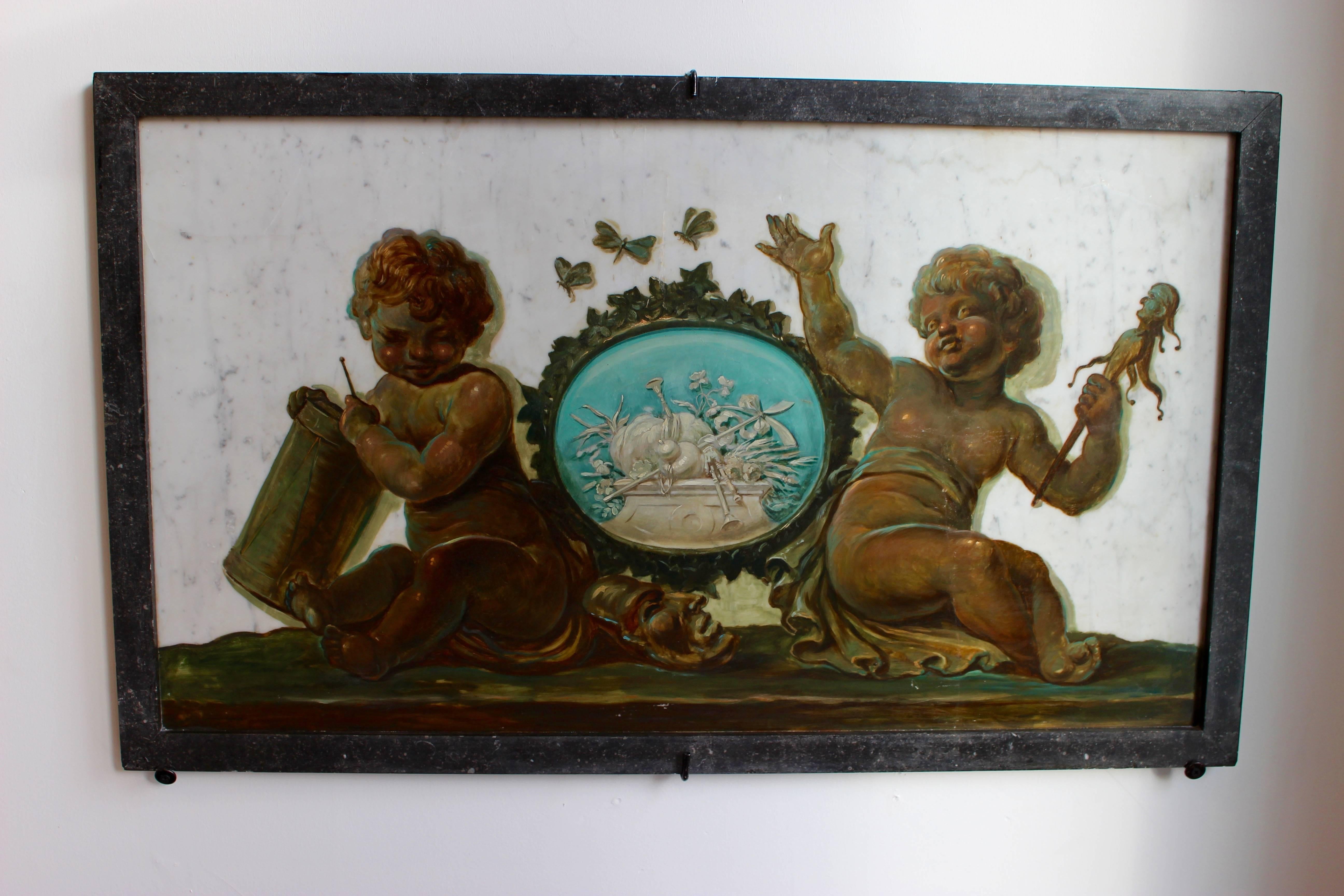 French Early 19th Century Set of Four Trompe-L’Oeil Oil Paintings on Marble with Putti For Sale