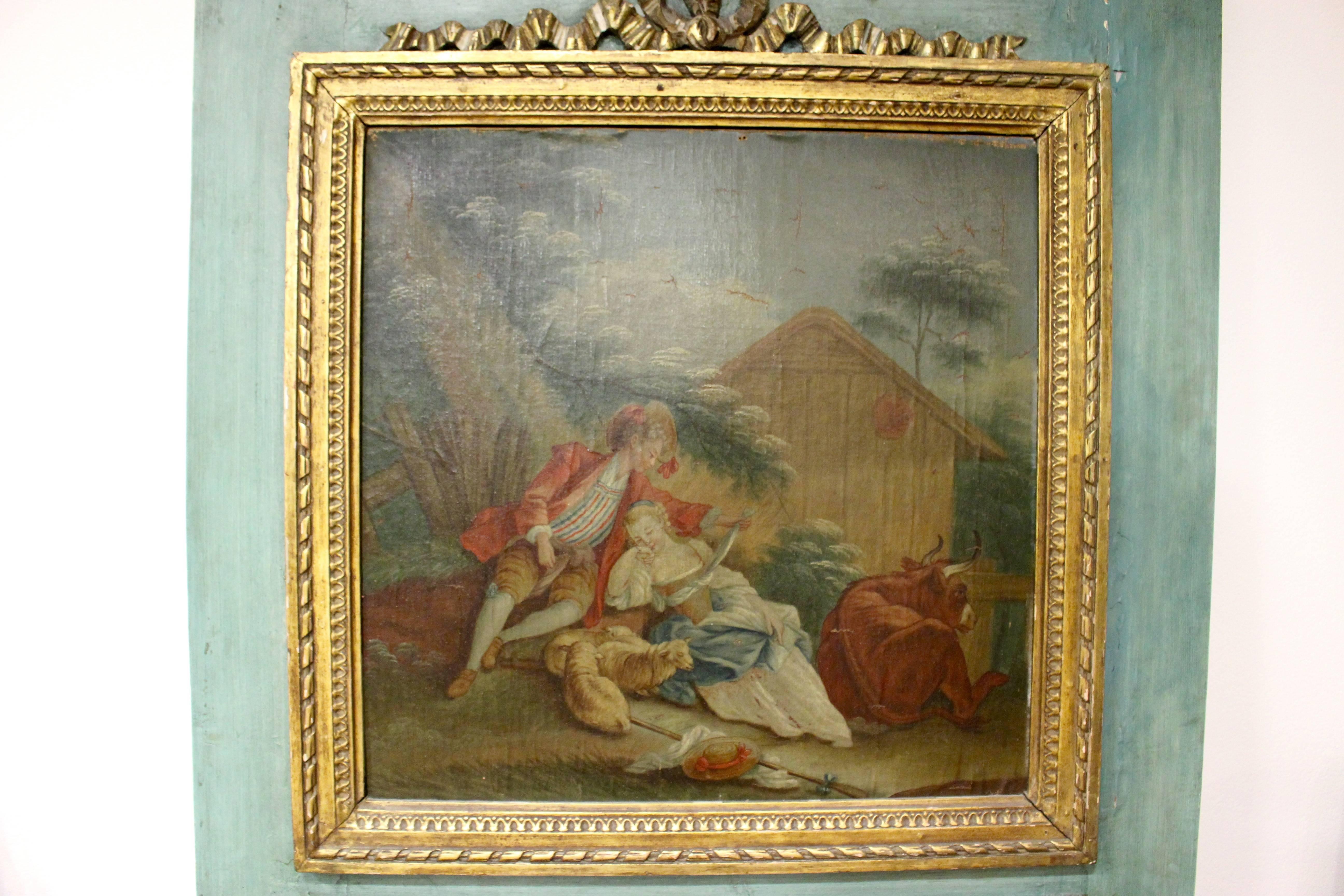 French Louis XVI Style Painted and Carved Trumeau Mirror with Trysting Lovers In Good Condition For Sale In Palm Desert, CA