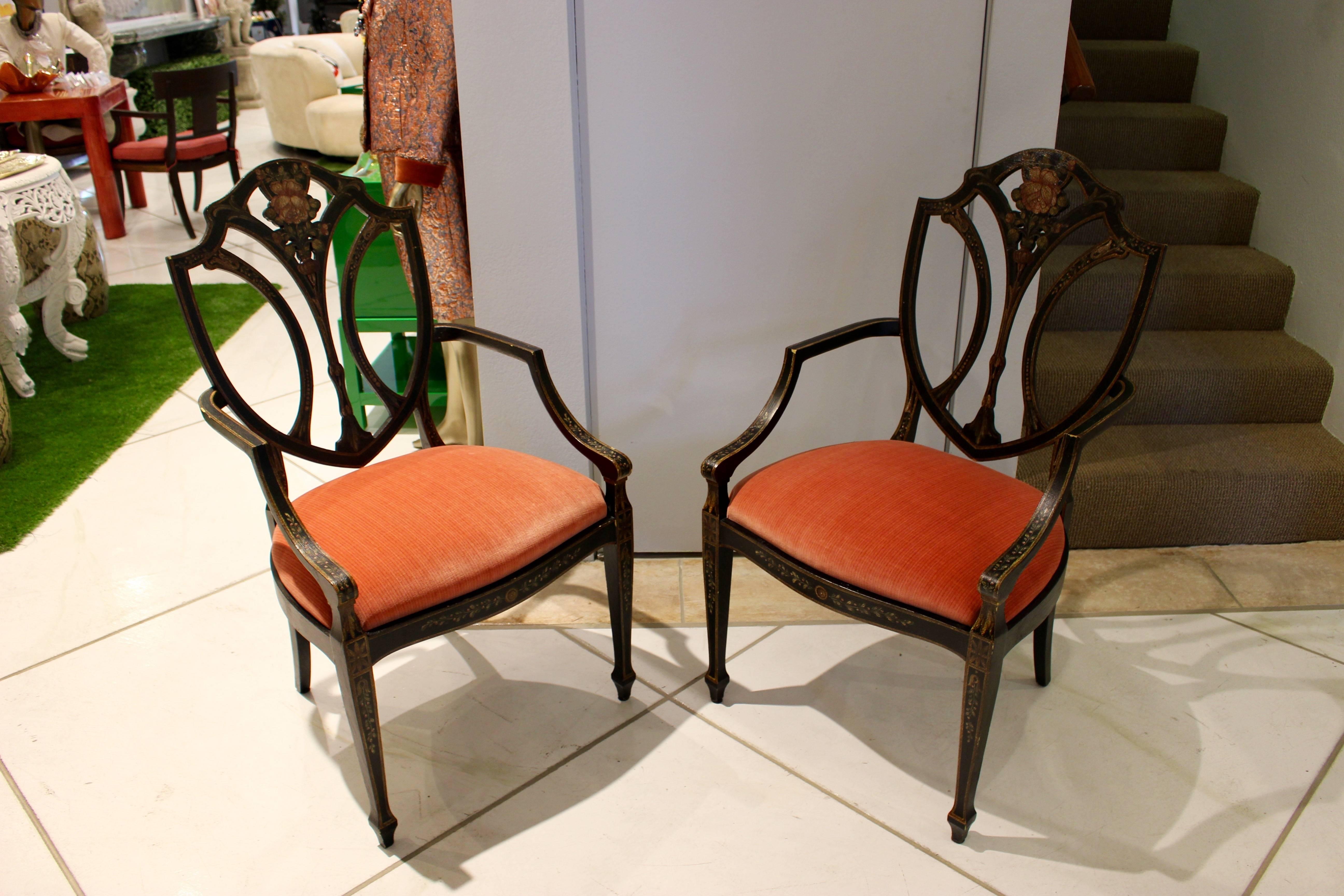 Set of Six Modern English Shield-Back Chairs with Flower Motif For Sale 1