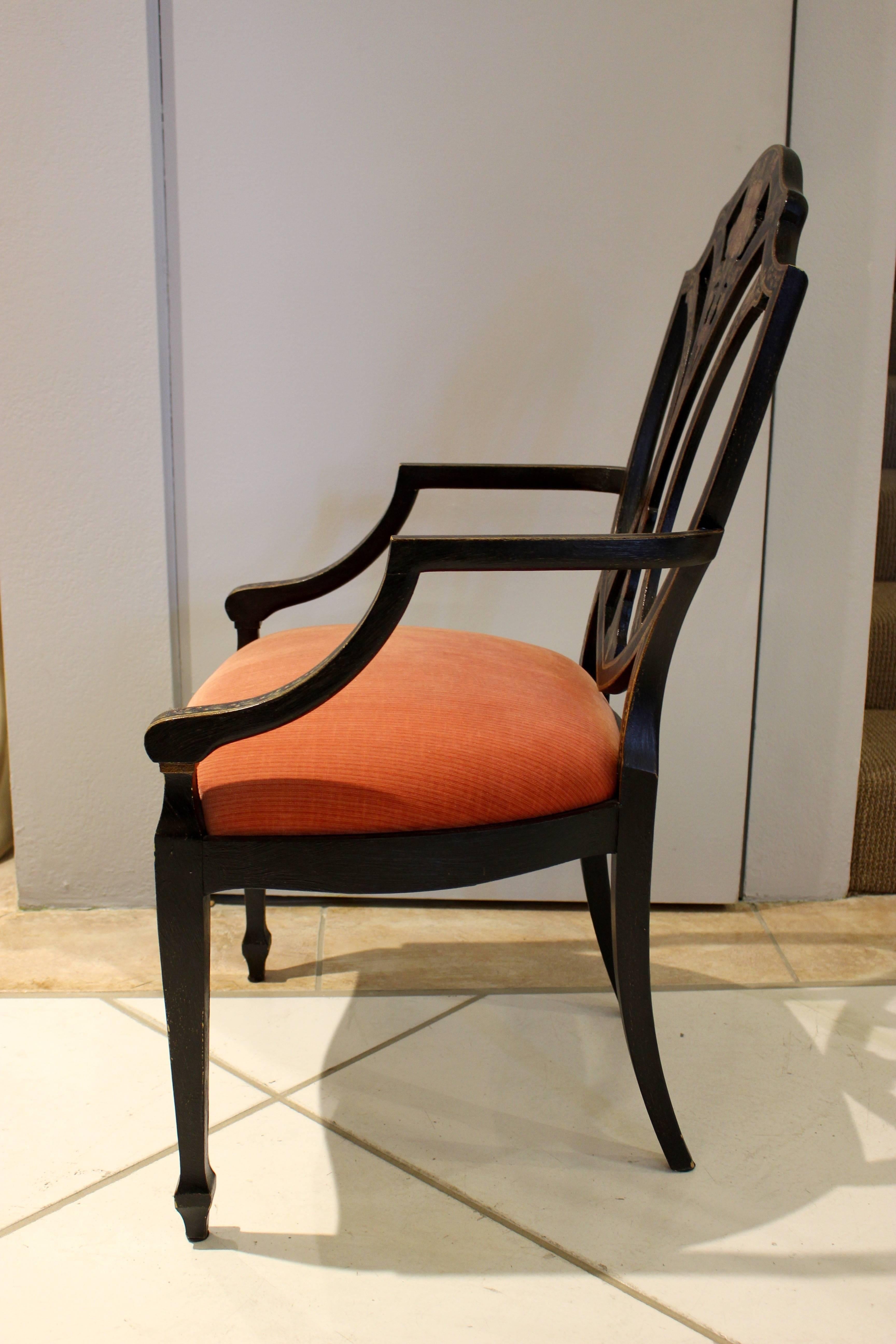 European Set of Six Modern English Shield-Back Chairs with Flower Motif For Sale
