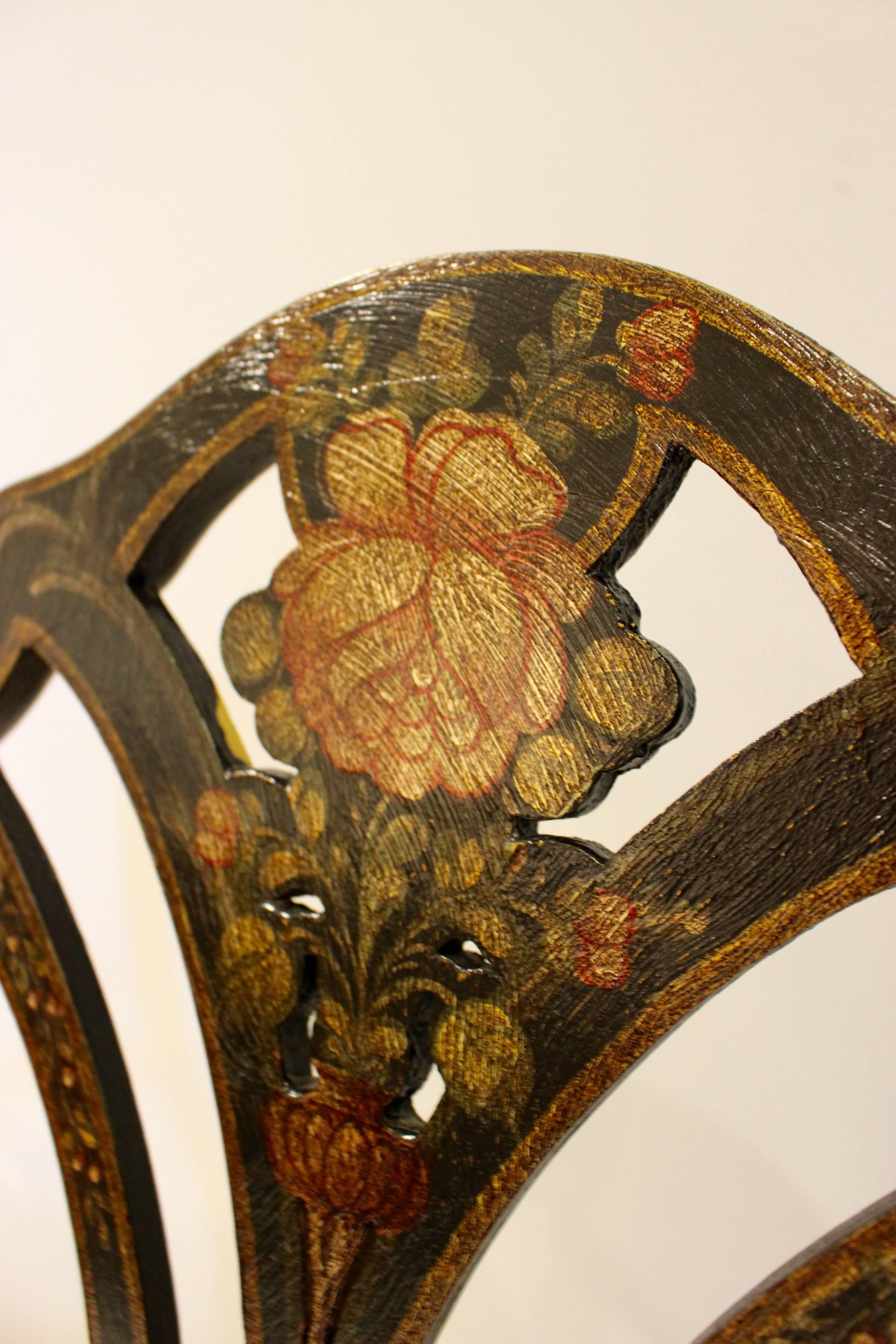 Set of Six Modern English Shield-Back Chairs with Flower Motif In Excellent Condition For Sale In Palm Desert, CA
