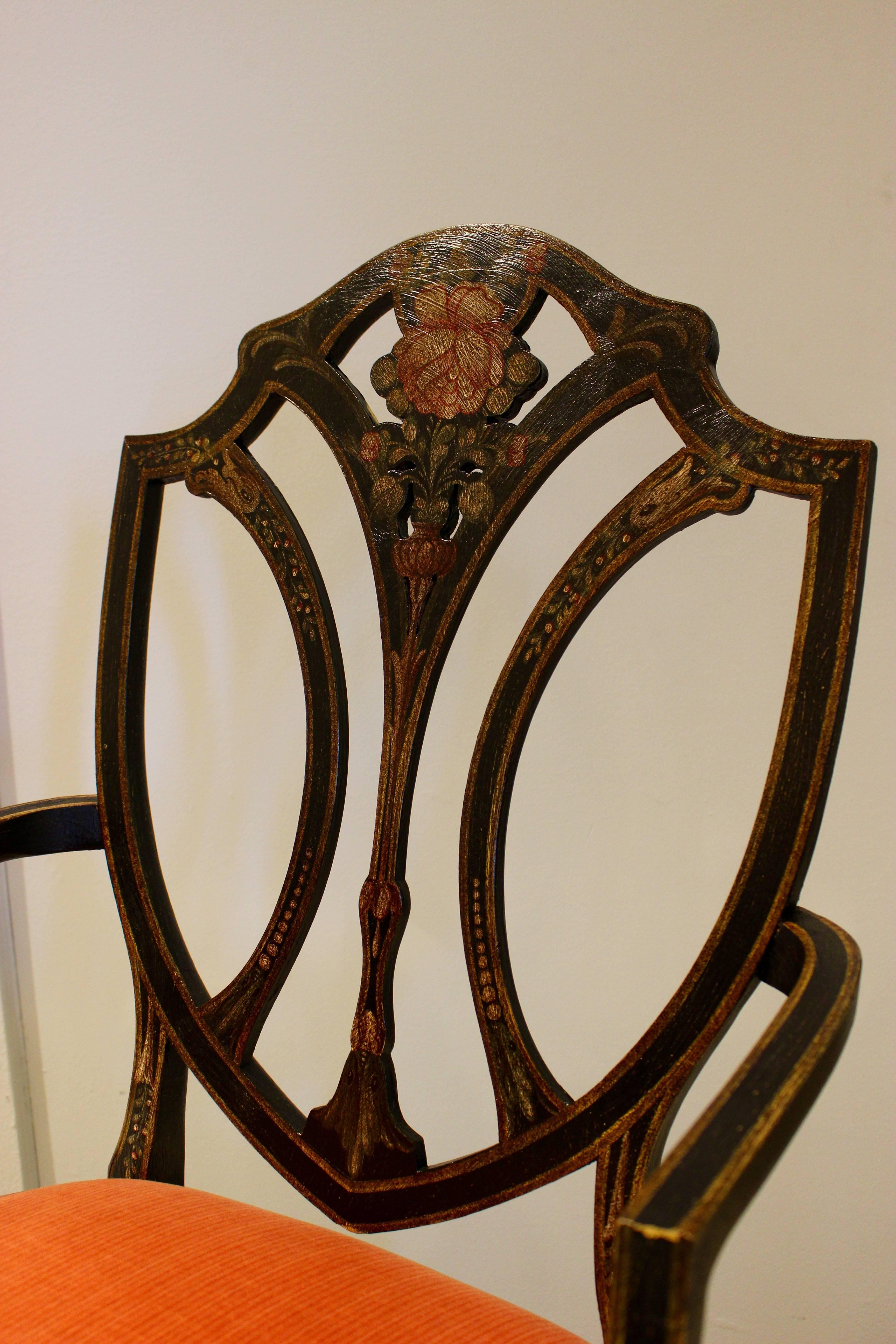 Contemporary Set of Six Modern English Shield-Back Chairs with Flower Motif For Sale