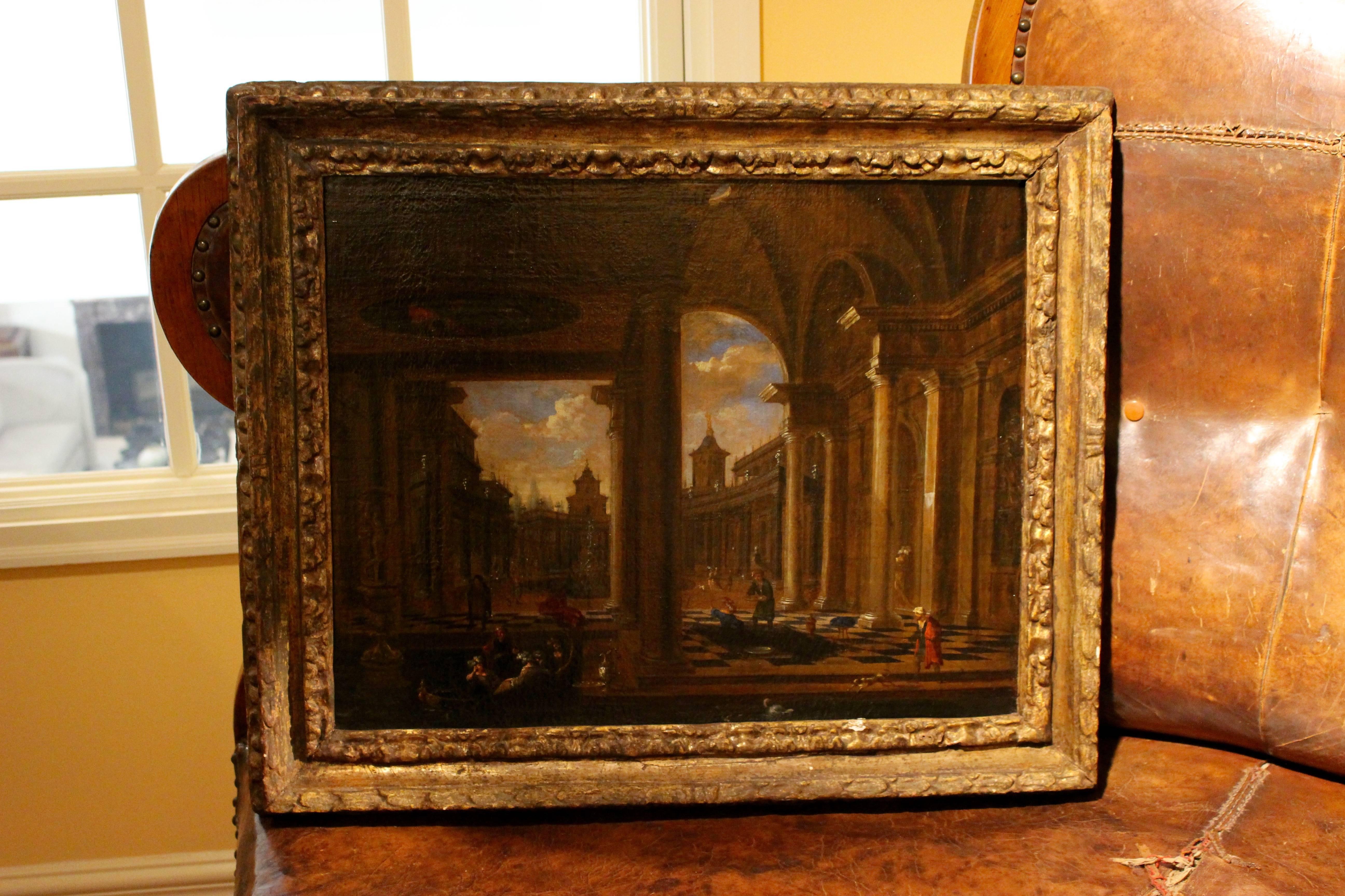 Early 18th Century Flemish Oil Painting Depicting a Venetian Architecture Scene In Good Condition For Sale In Palm Desert, CA