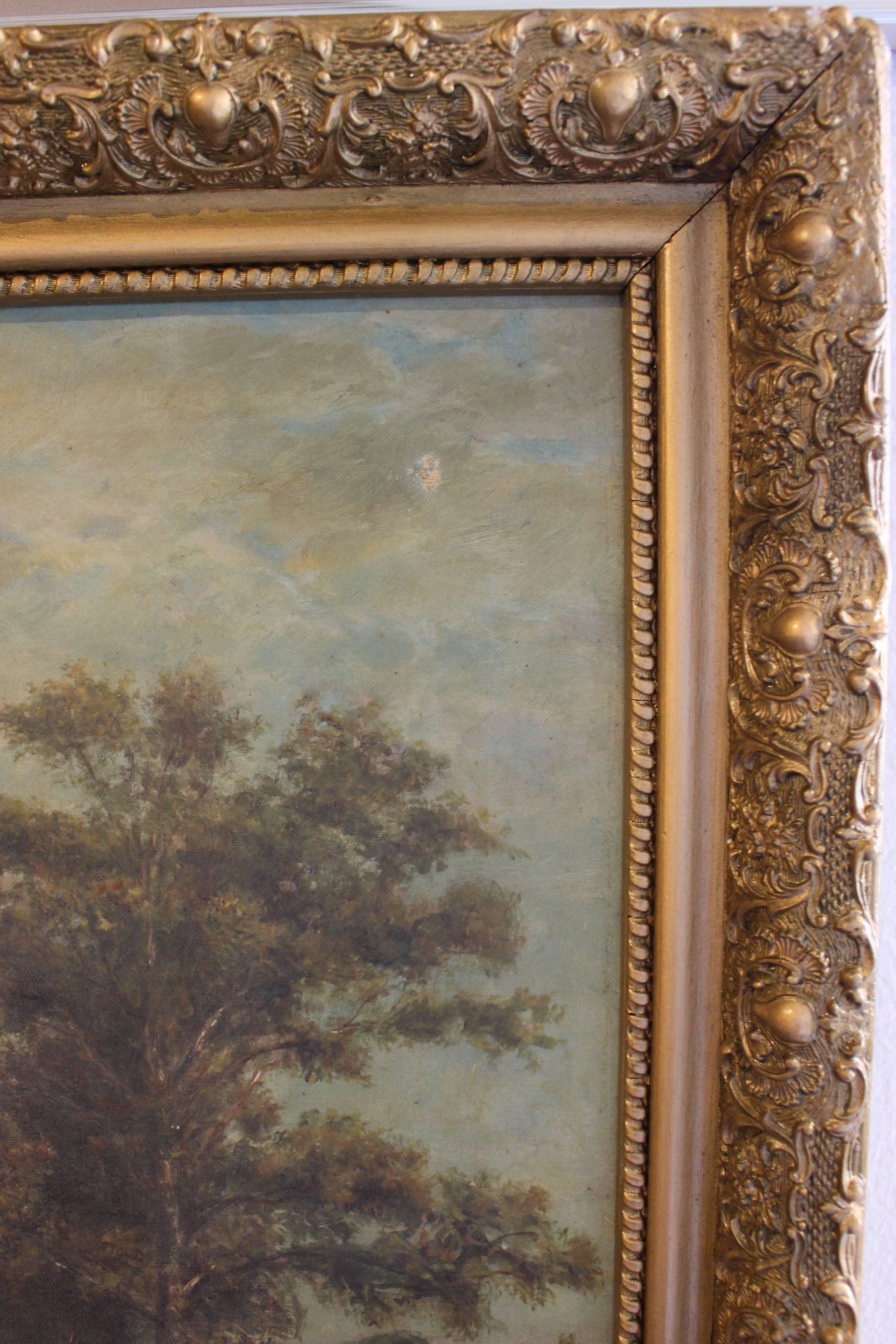 Pastoral painting of a meadow with trees in later frame.
