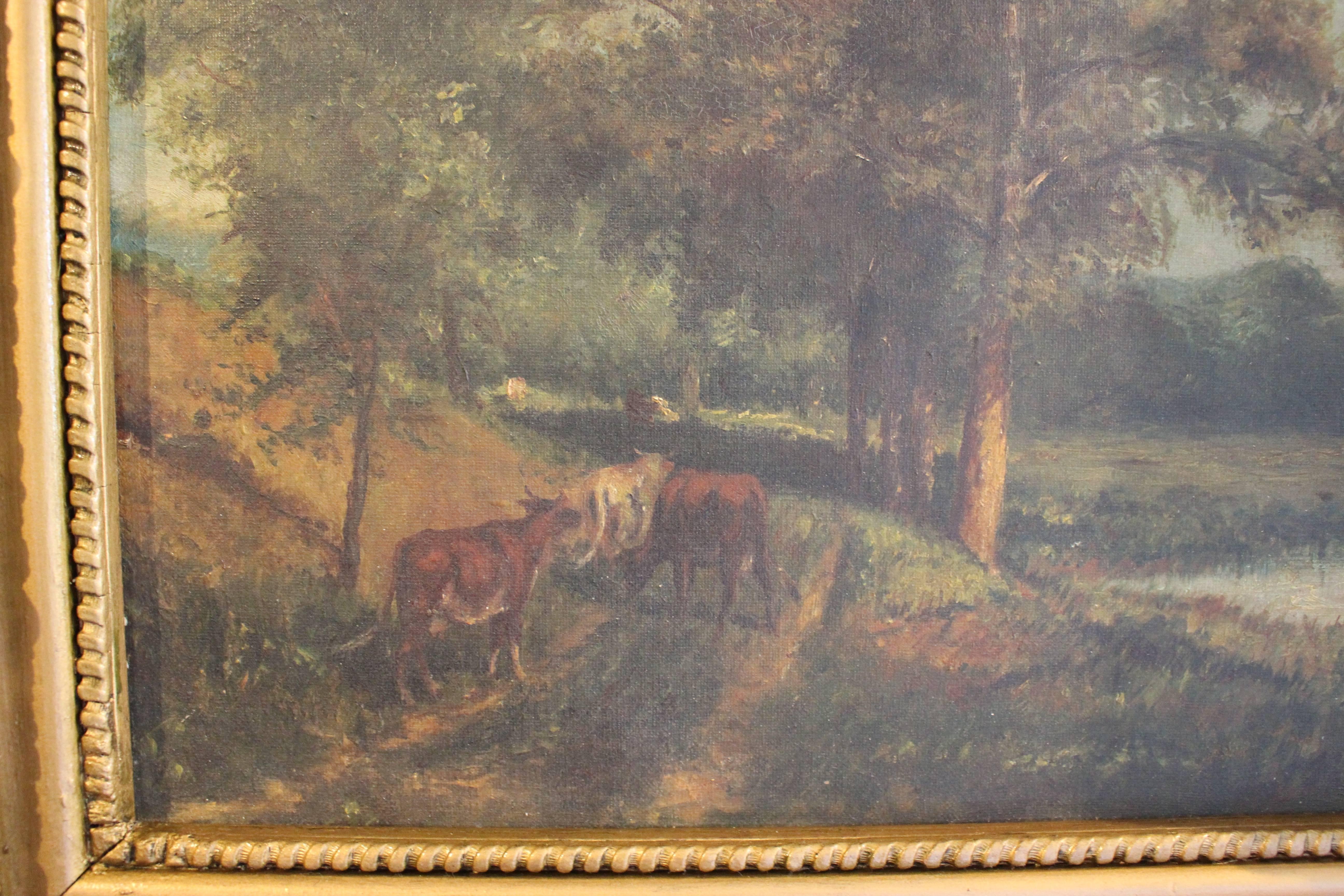 Pastoral Painting of Meadow with Trees in Later Frame In Excellent Condition For Sale In Palm Desert, CA
