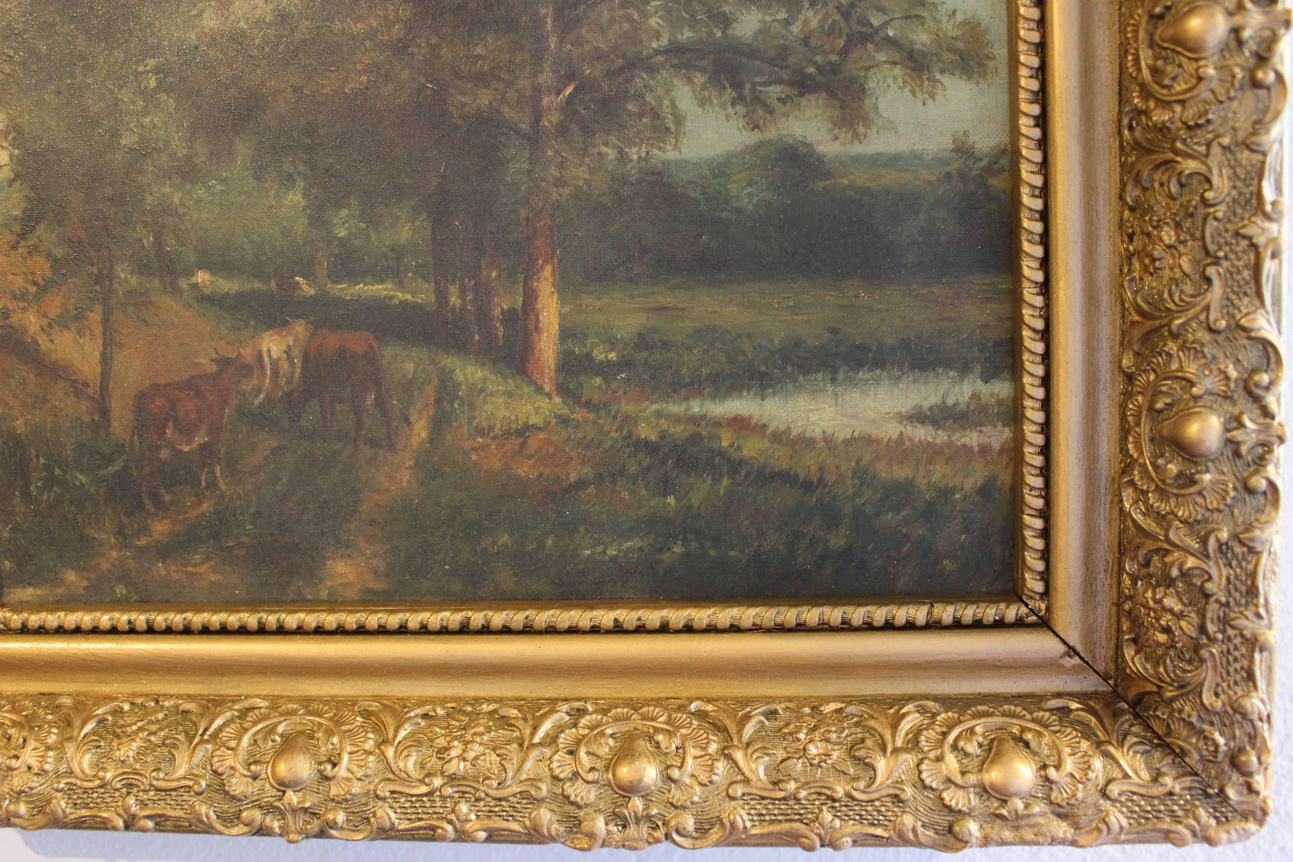 Canvas Pastoral Painting of Meadow with Trees in Later Frame For Sale