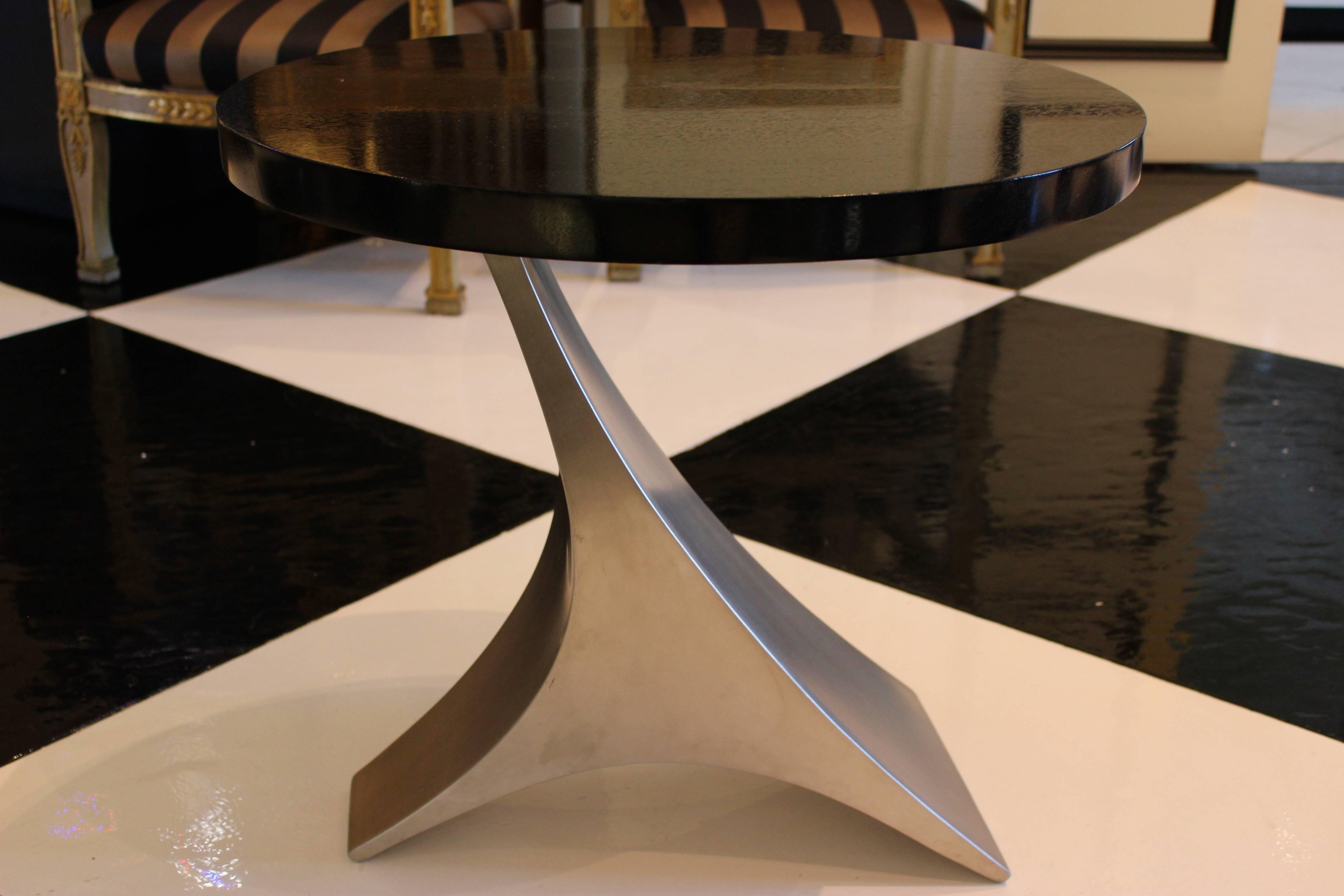 20th Century Small and Stylish End Table with Dark Brown Top over Curved Chrome Base