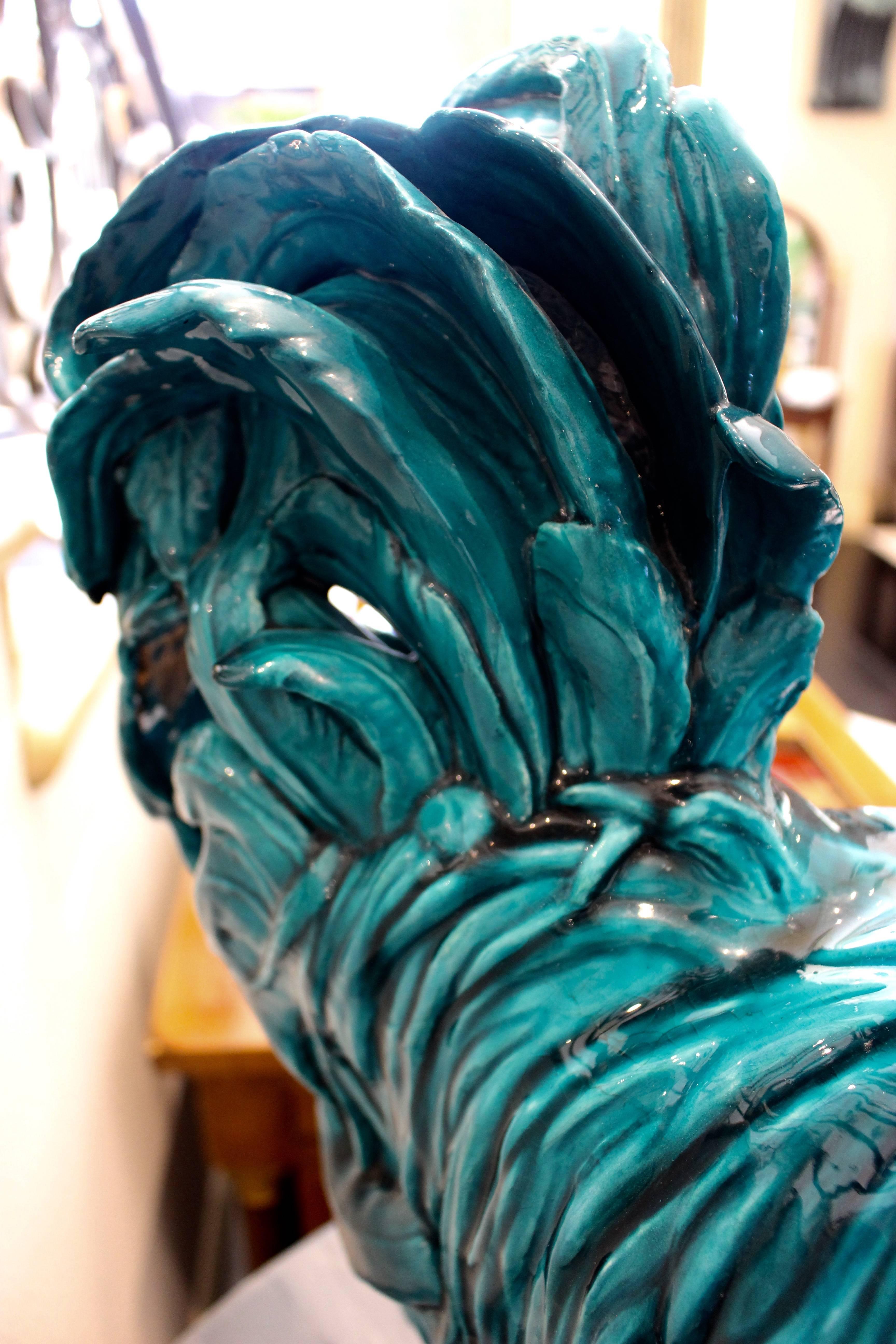 Massive and Expressive French Turquoise Glazed Rooster In Excellent Condition In Palm Desert, CA