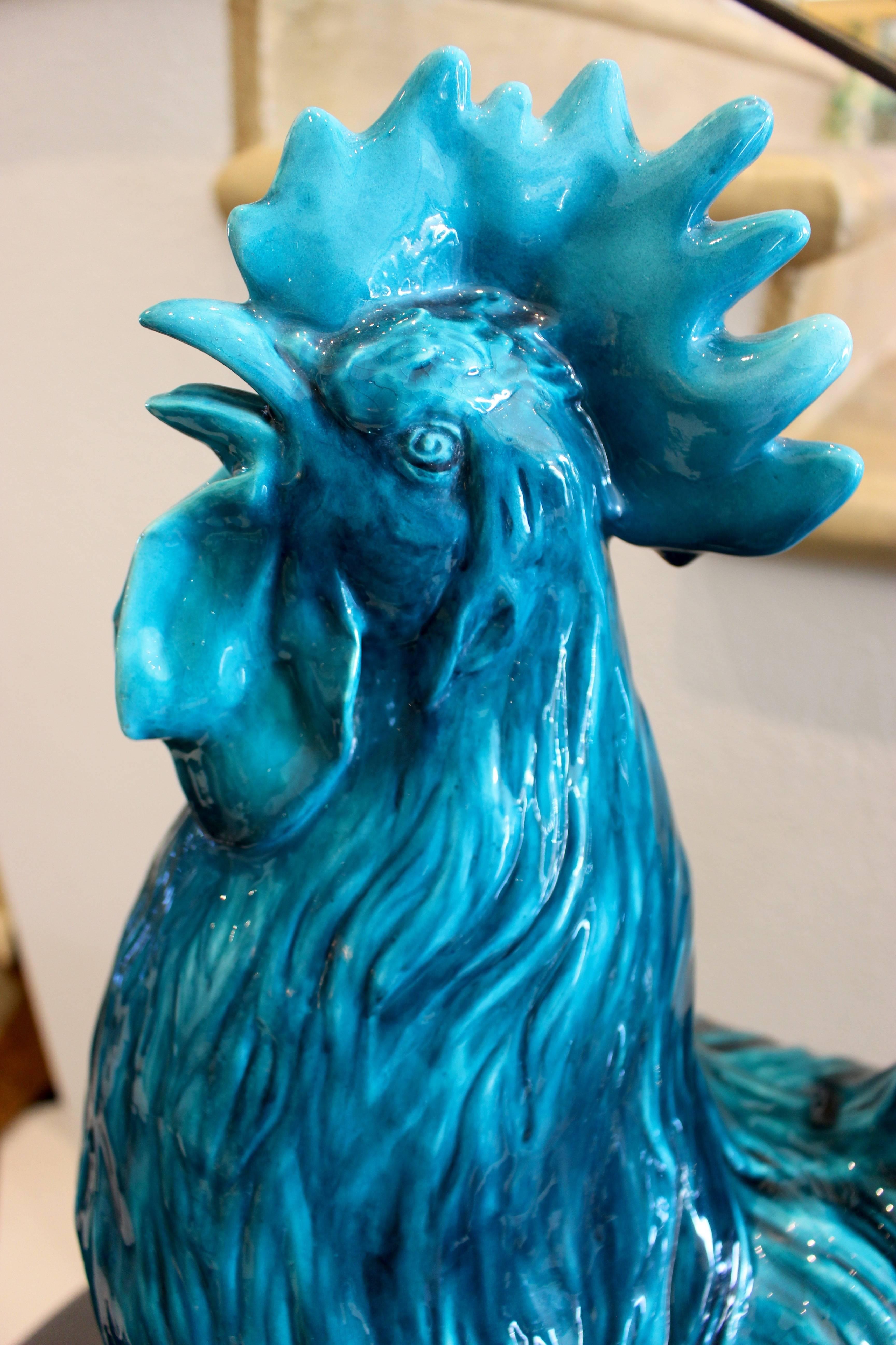 A massive and expressive French turquoise glazed rooster, circa 1890.