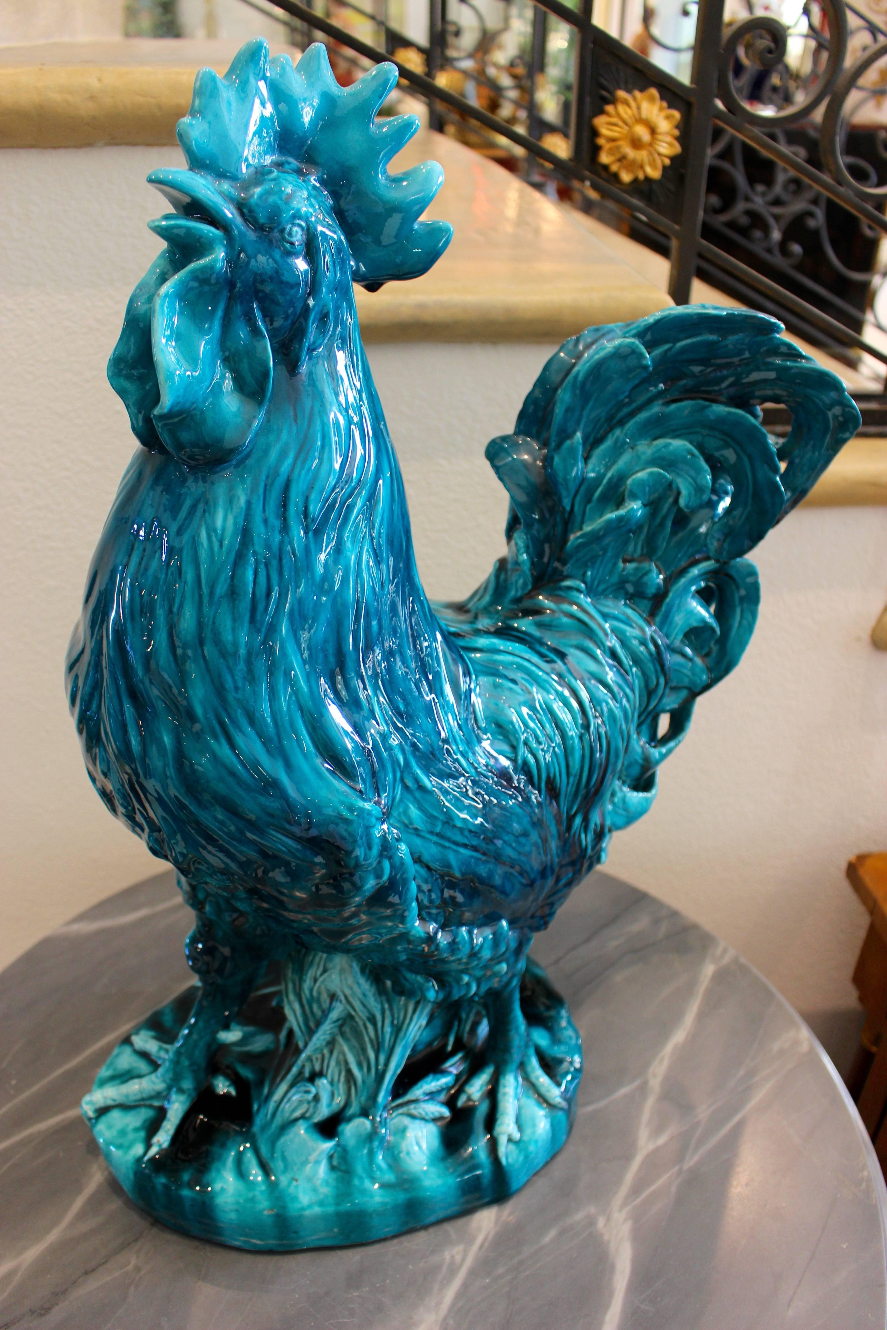 Massive and Expressive French Turquoise Glazed Rooster 2