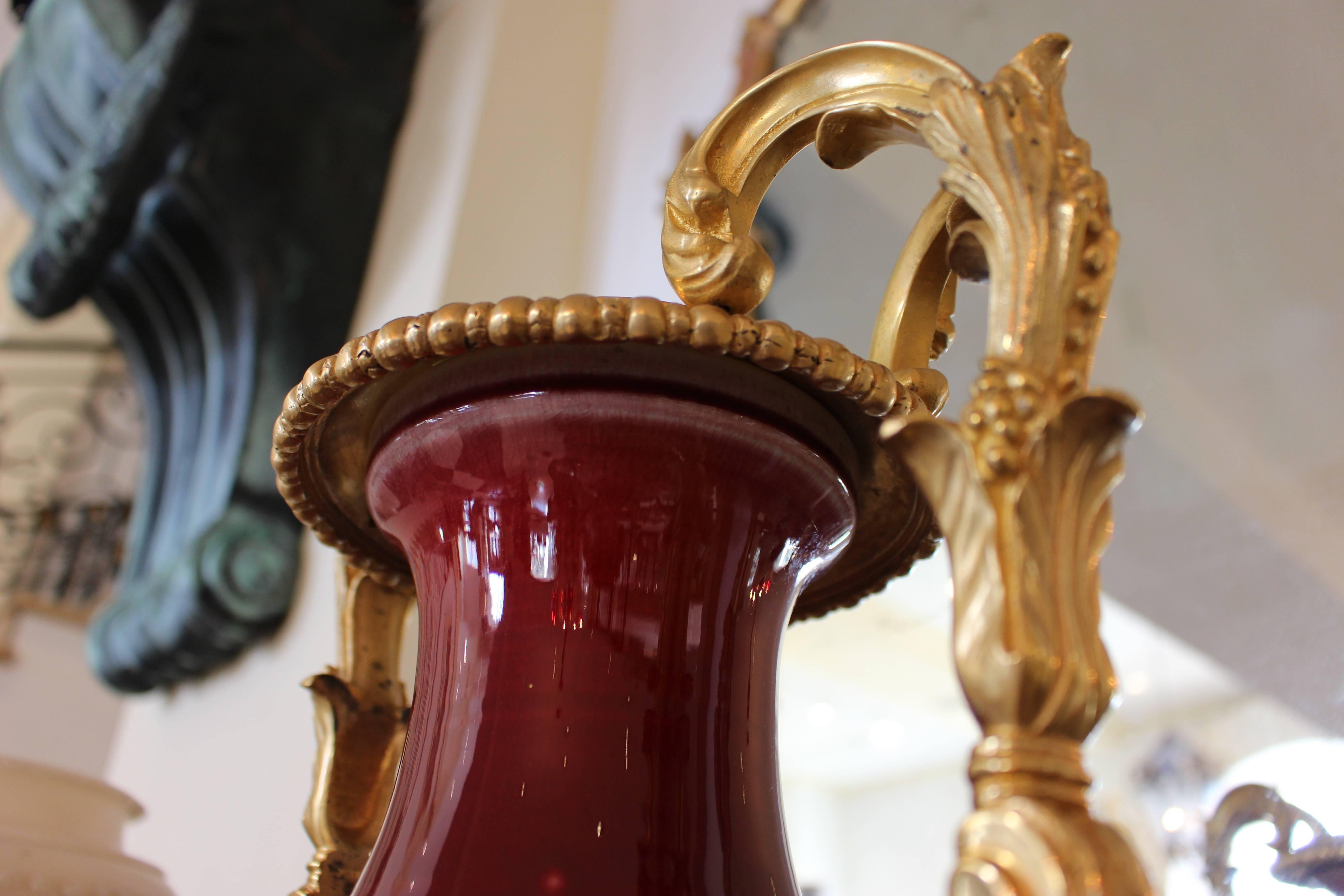 Elegant French Ox Blood Vase Mounted in the Traditional Style with Ormolu Mounts In Excellent Condition In Palm Desert, CA