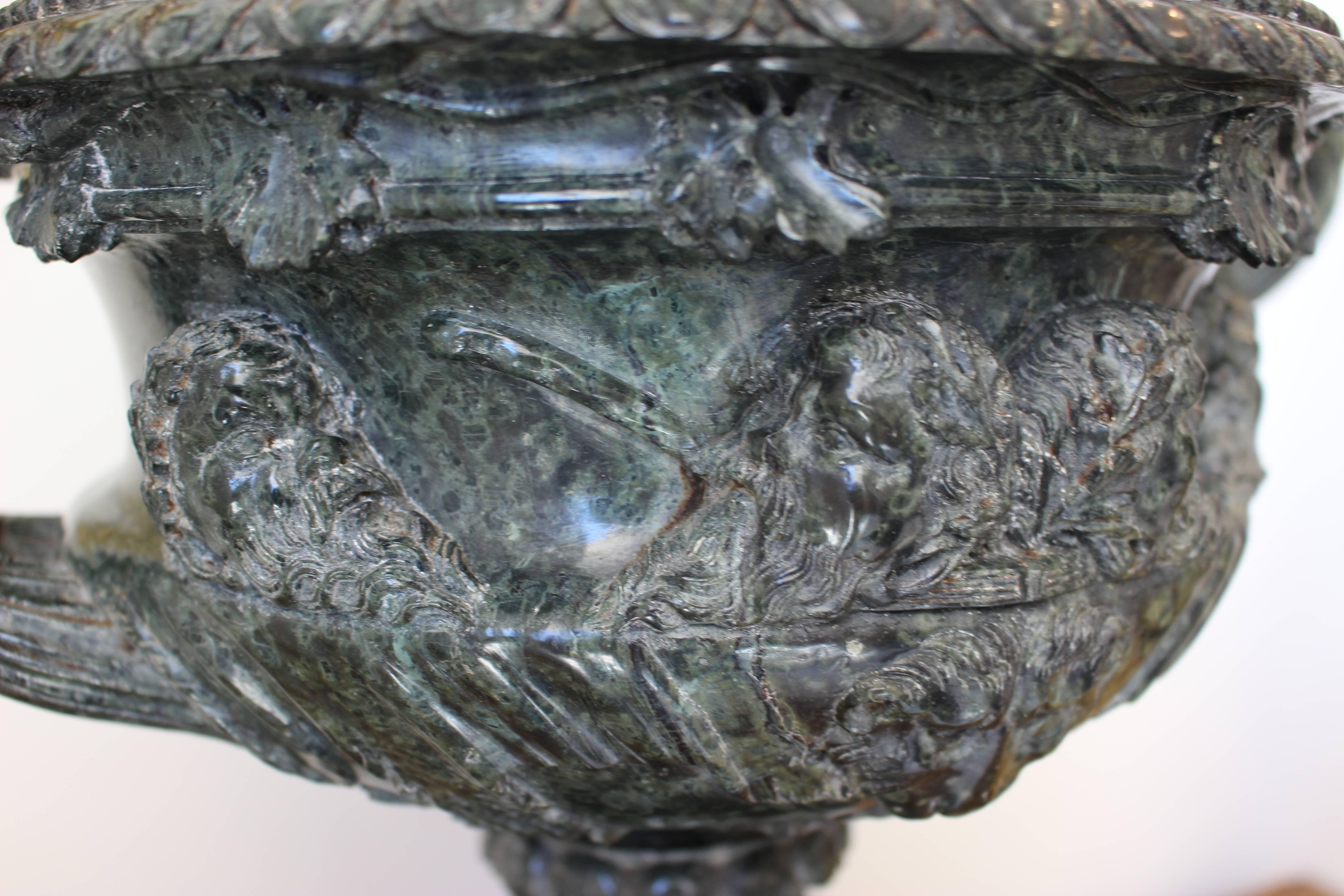 19th century Grand Tour Green Marble Tazza Vase with Classical Carved Details For Sale 1