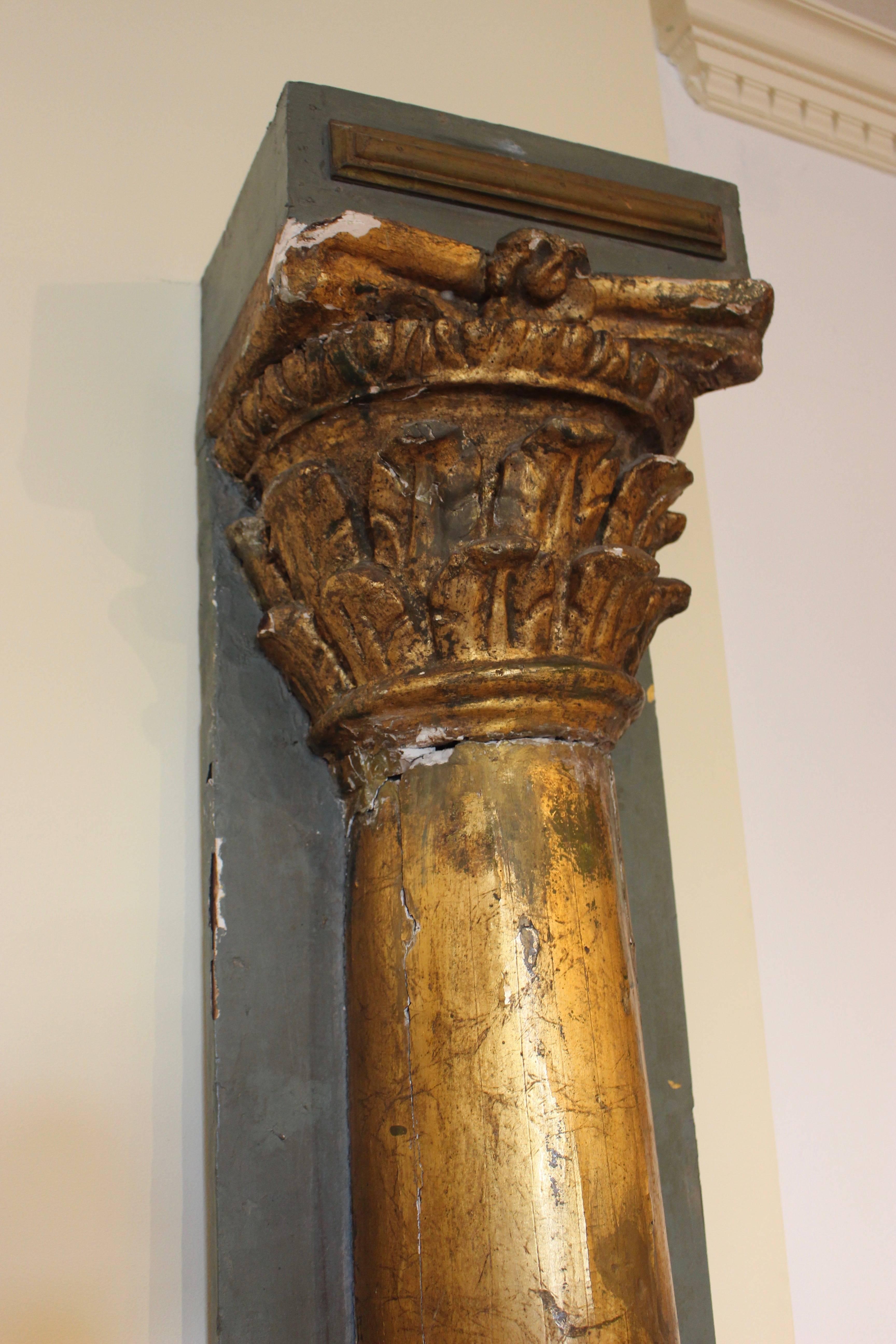 Italian Carved and Gilt Half Round Corinthian Column with Painted Back Panel In Fair Condition For Sale In Palm Desert, CA
