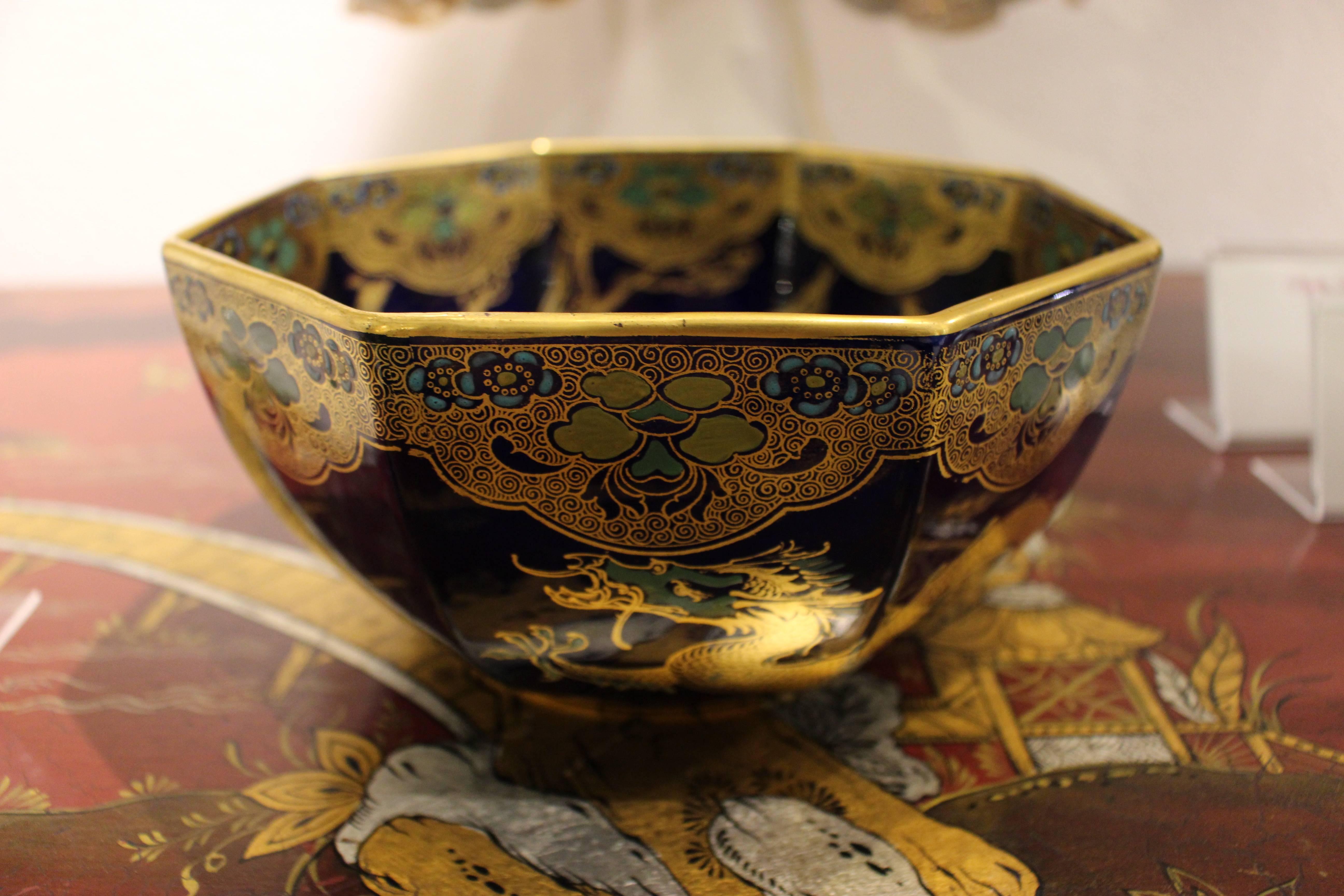 Mason's Ironstone Chinese style Deep Blue Bowl with Gilt Animal Decoration In Good Condition For Sale In Palm Desert, CA