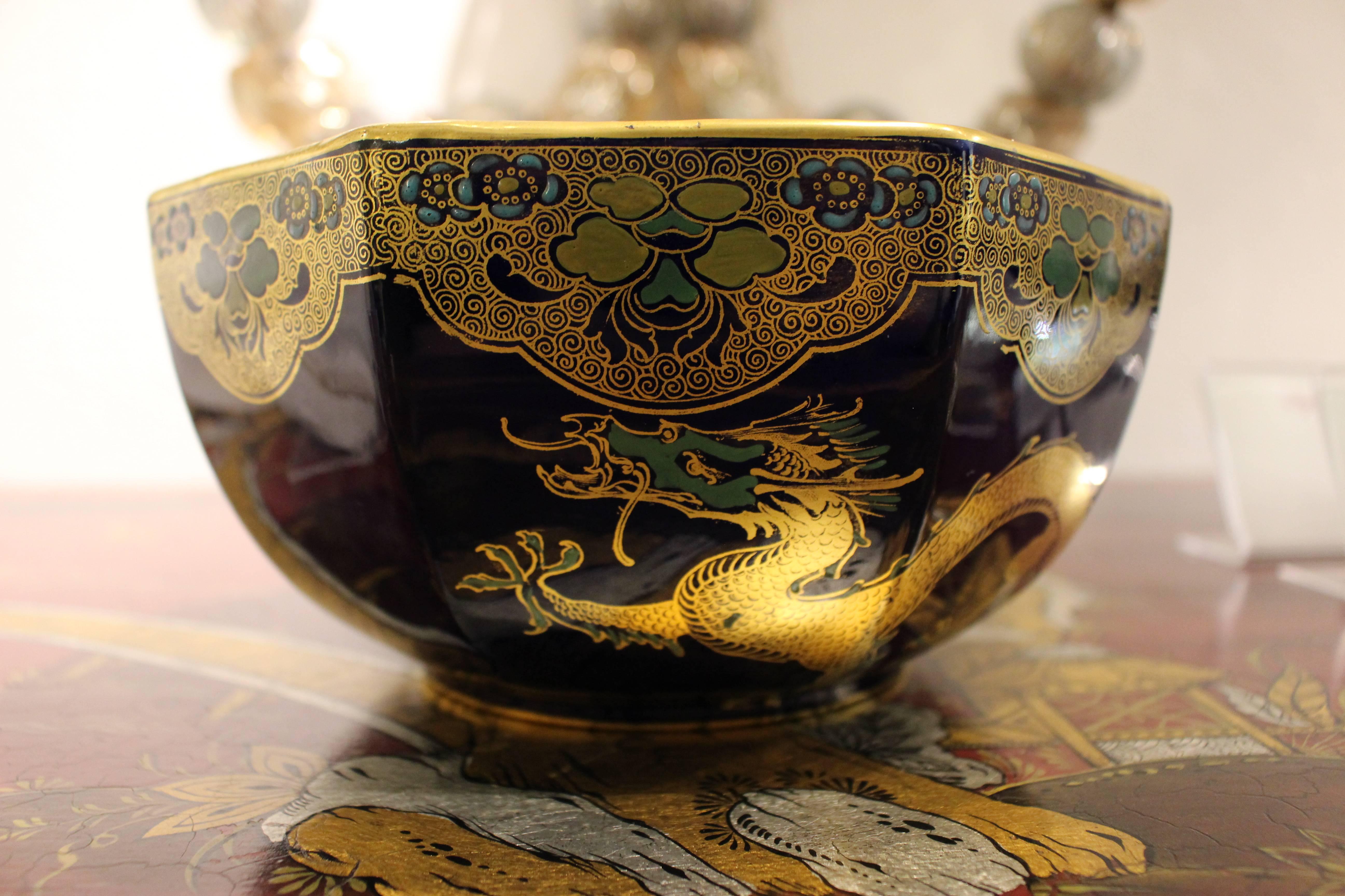 20th Century Mason's Ironstone Chinese style Deep Blue Bowl with Gilt Animal Decoration For Sale