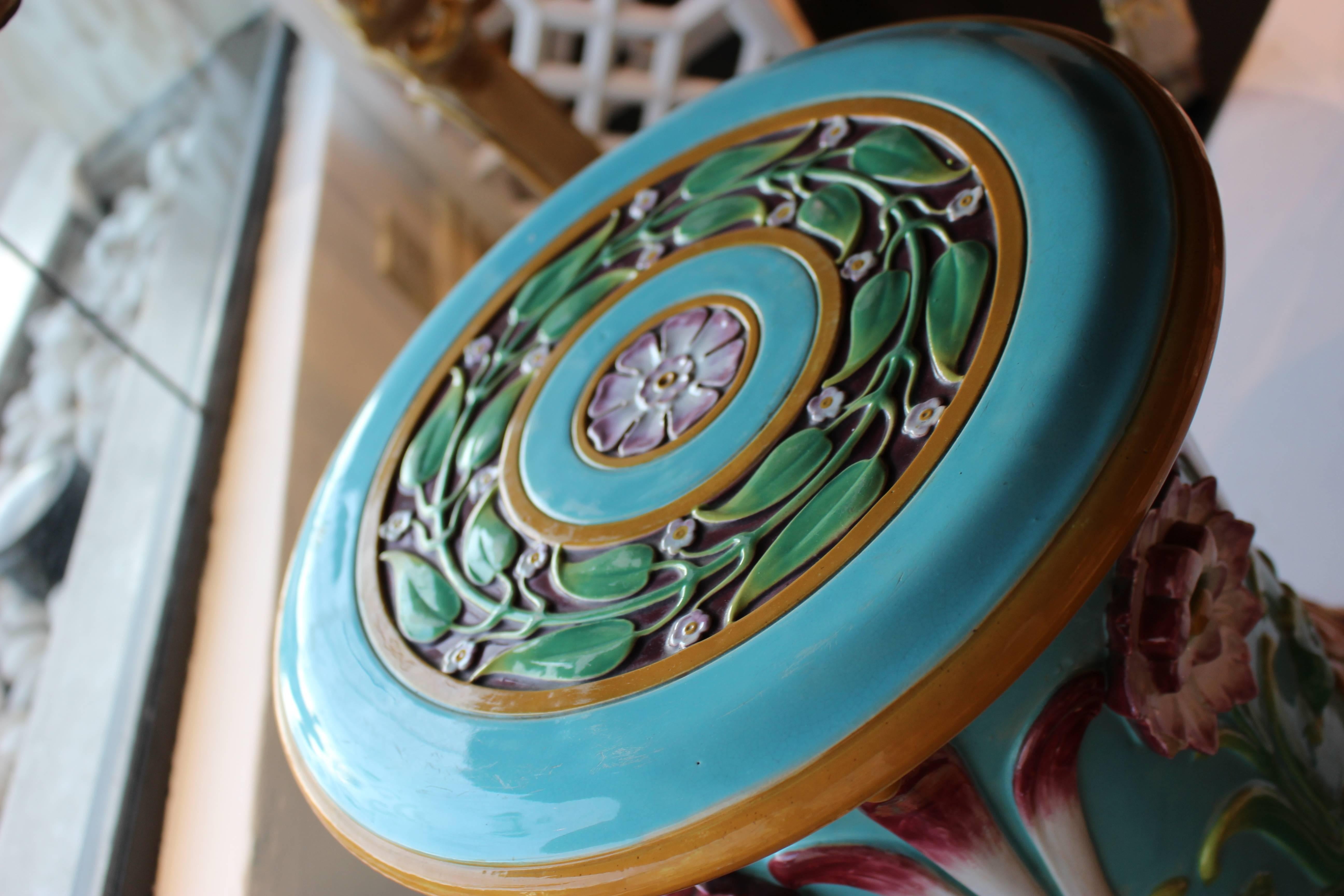 19th Century Victorian Minton Majolica 1876 Turquoise Ground Garden Seat with Passion Flowers