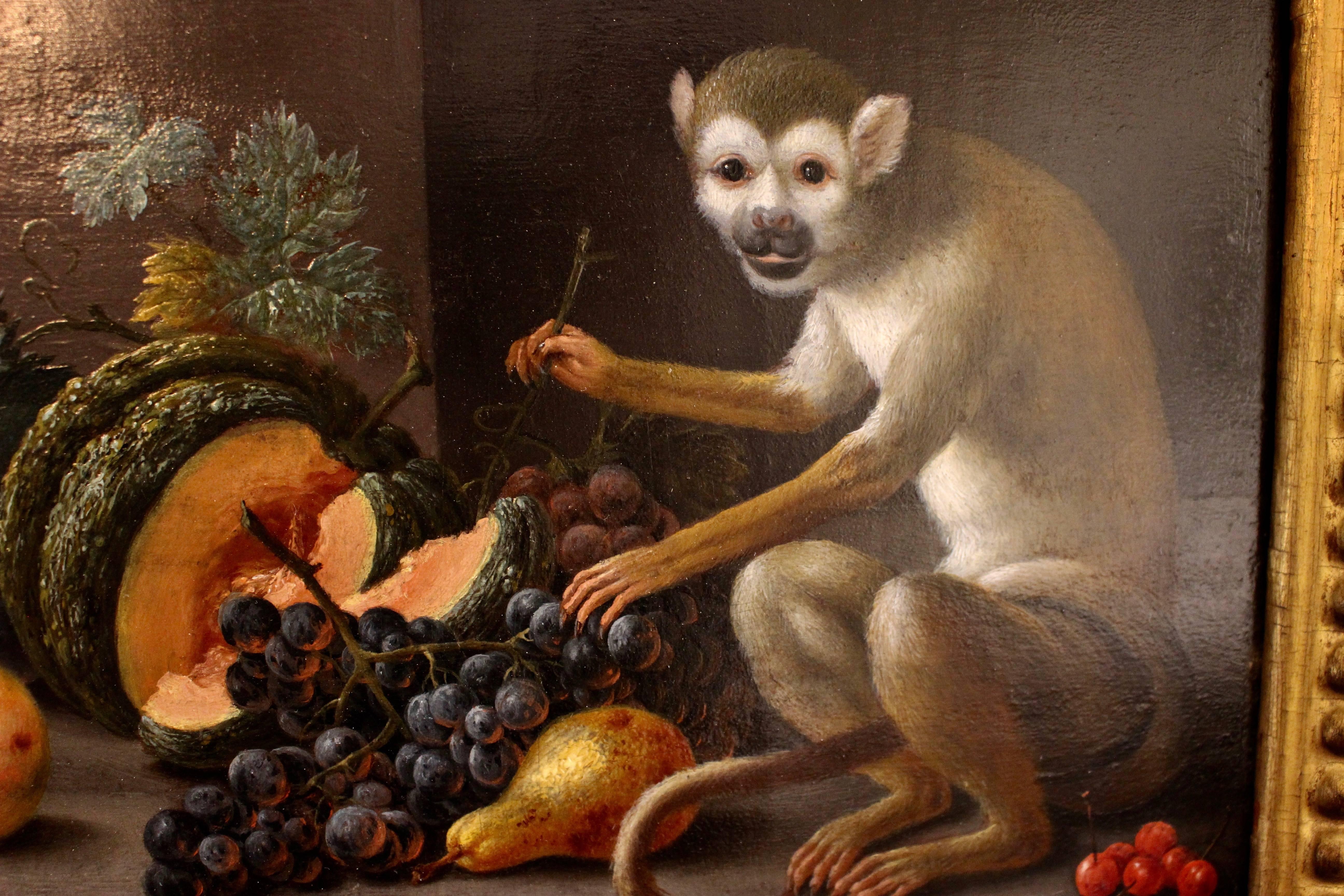 A charming image in still life fashion of a monkey with a melon, peaches, plums, grapes, cherries and a pear. Beautifully gilt-framed. Signed and dated 
