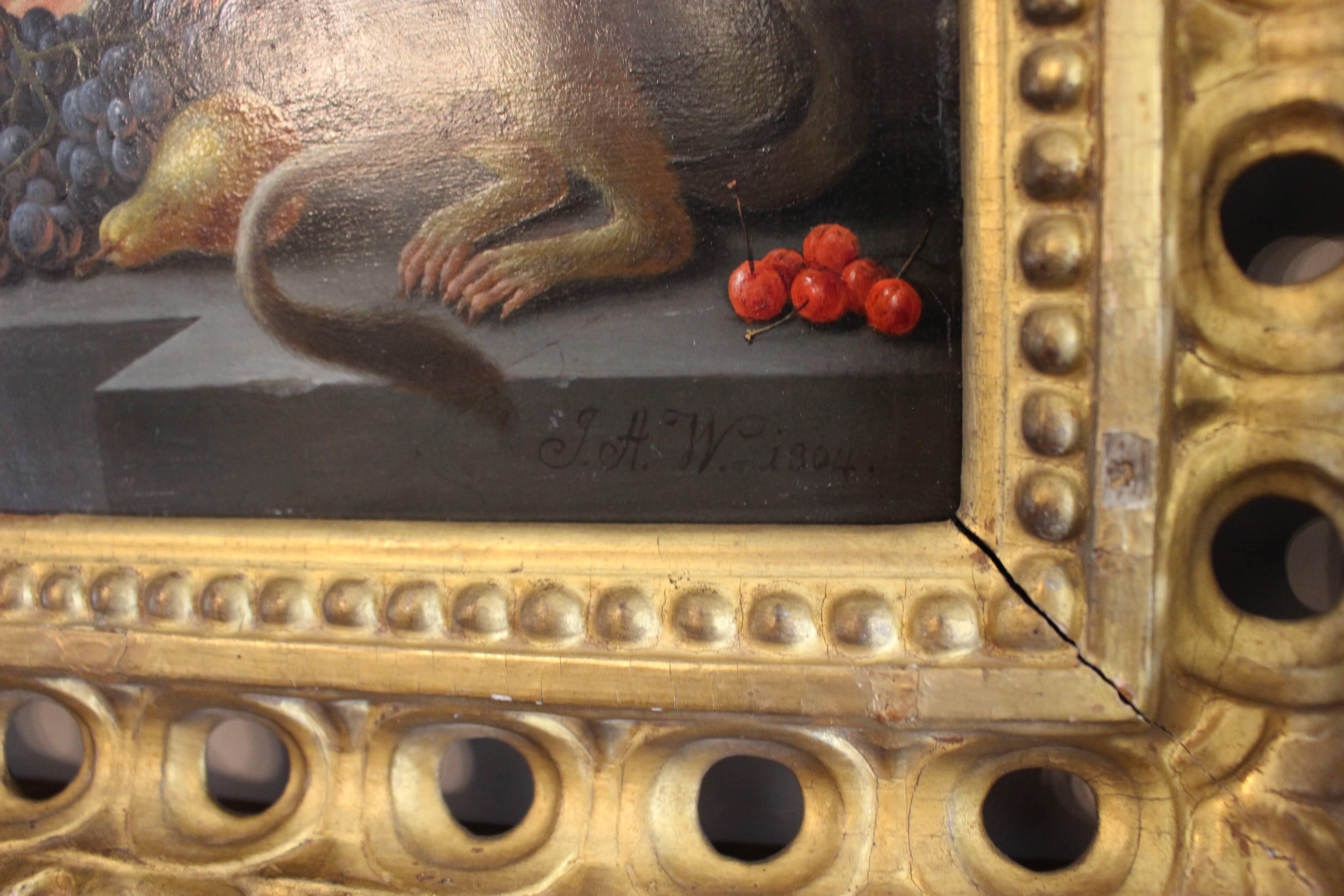 Charming Image in Still Life Fashion of a Monkey with Various Fruit In Excellent Condition For Sale In Palm Desert, CA