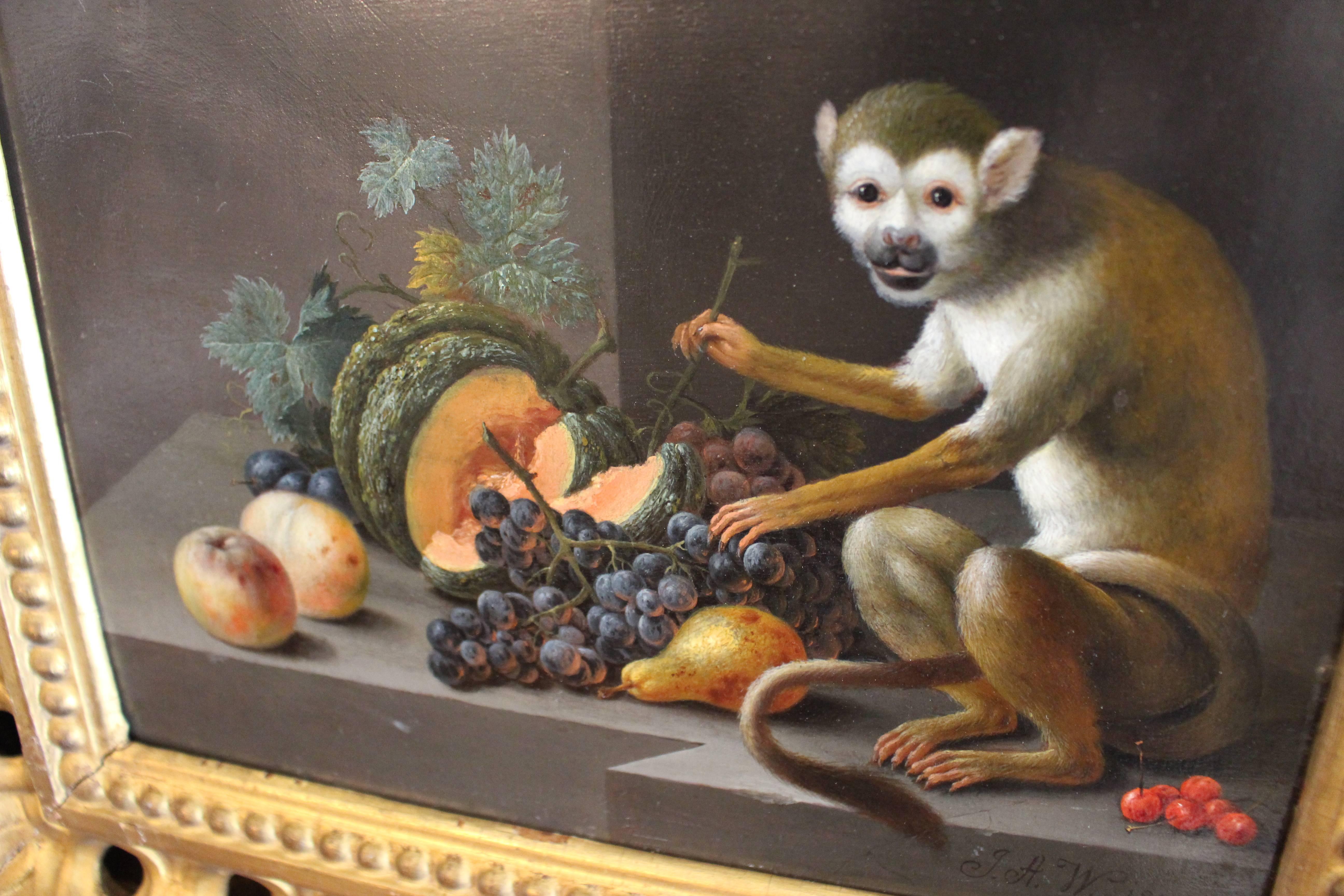 Early 19th Century Charming Image in Still Life Fashion of a Monkey with Various Fruit For Sale