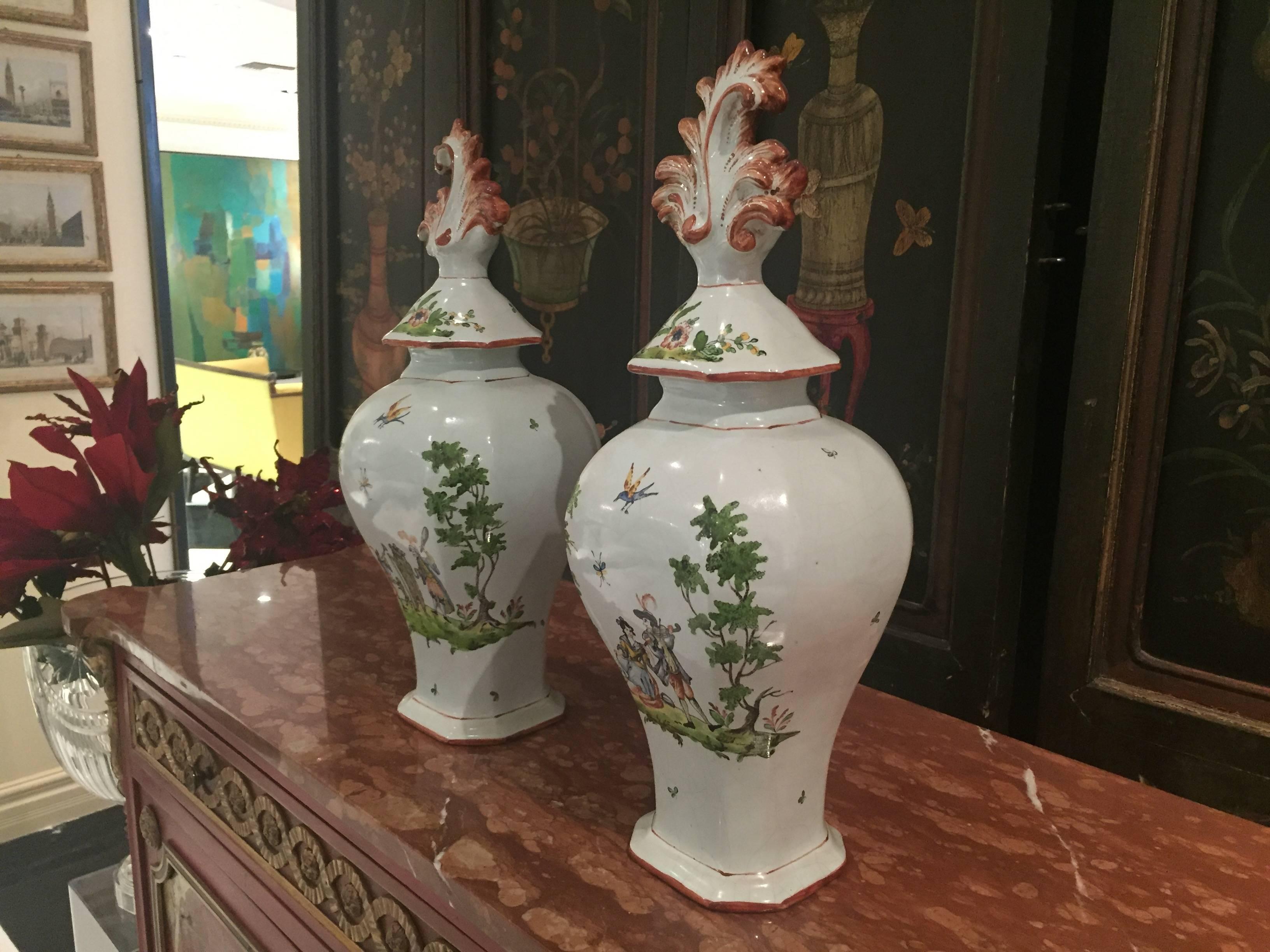 Pair of Italian Faience Covered Vases of Baluster Form with Charming Scenes In Good Condition For Sale In Palm Desert, CA