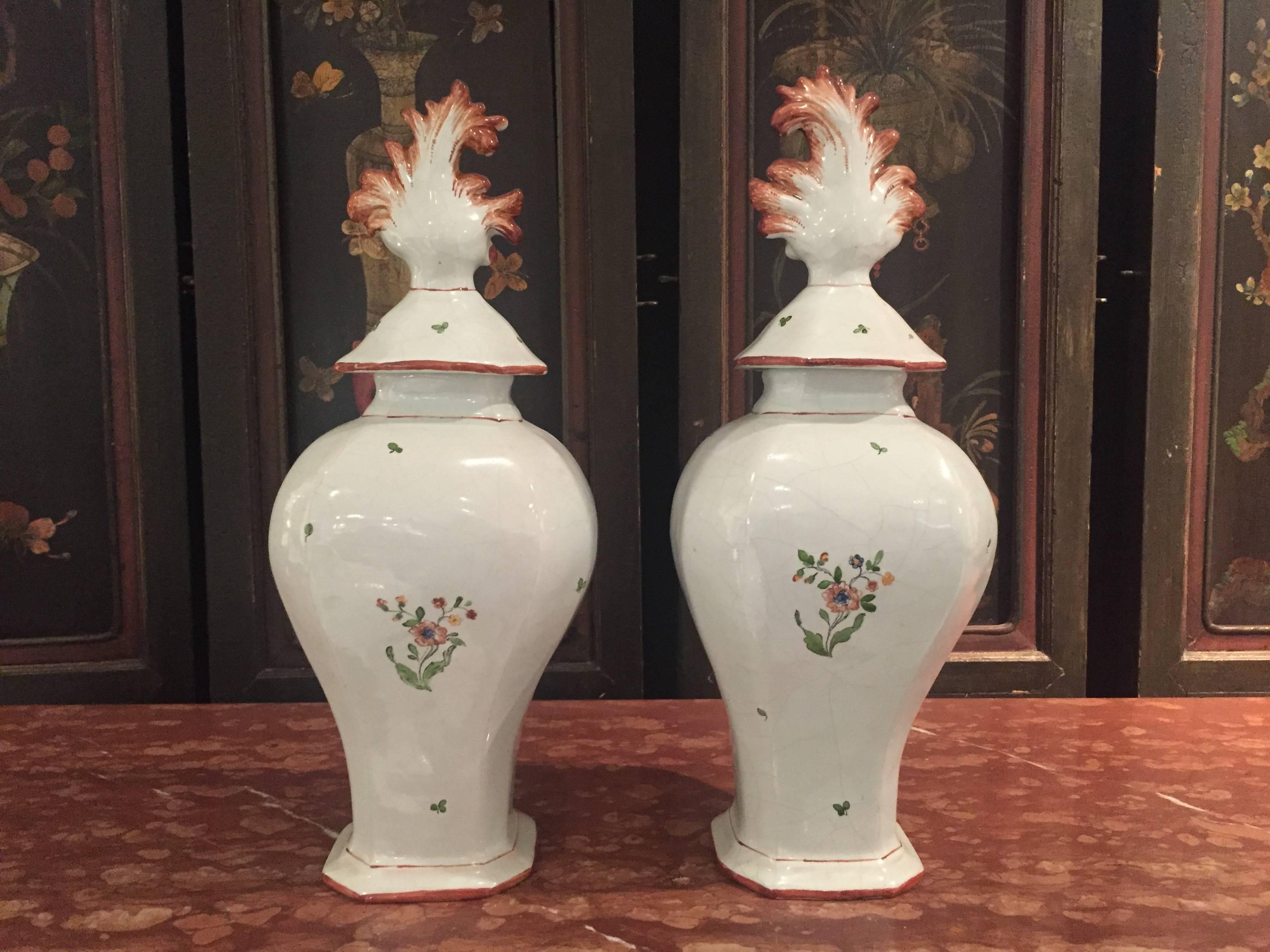 19th Century Pair of Italian Faience Covered Vases of Baluster Form with Charming Scenes For Sale
