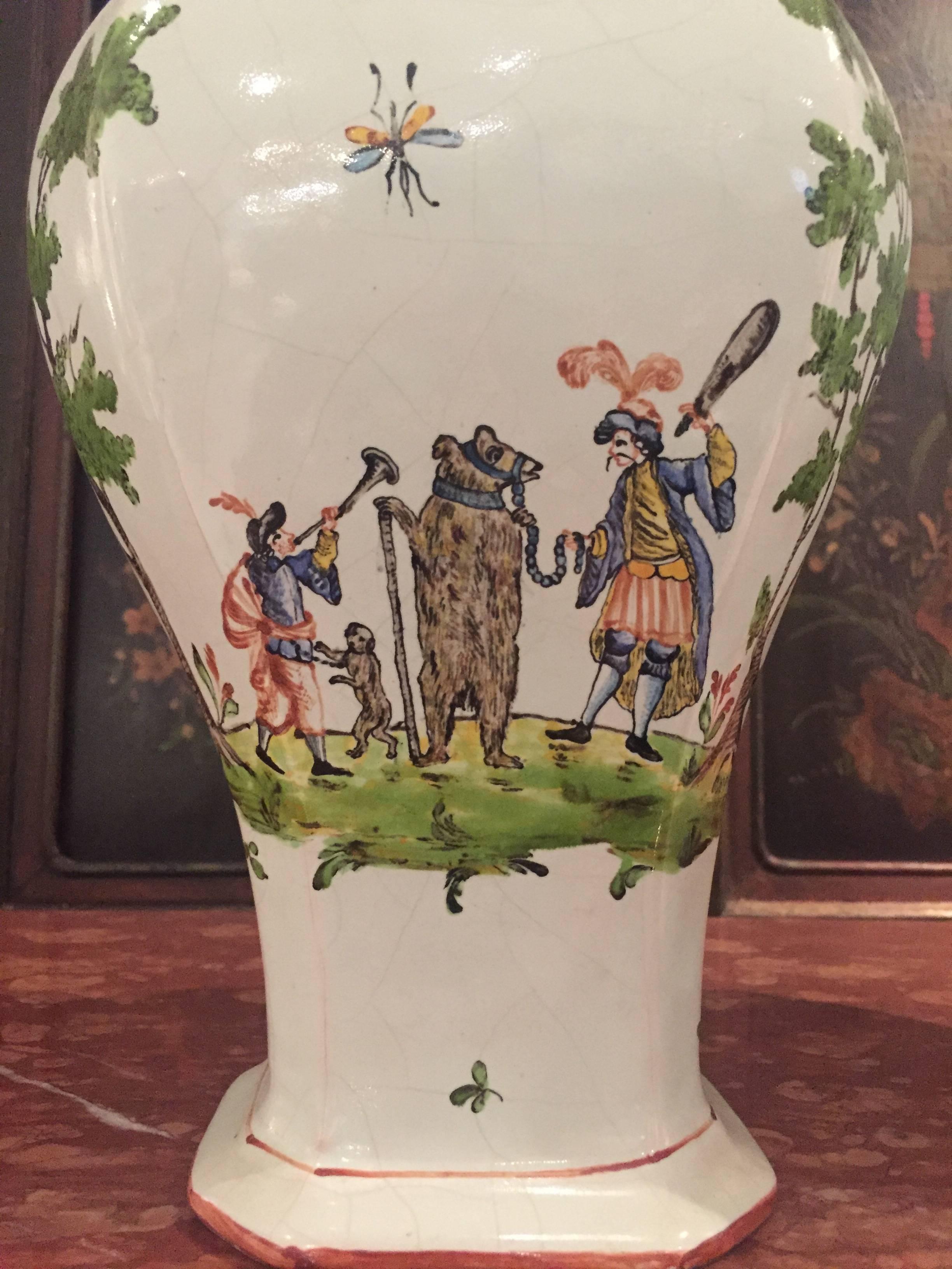 Pair of Italian Faience Covered Vases of Baluster Form with Charming Scenes For Sale 1
