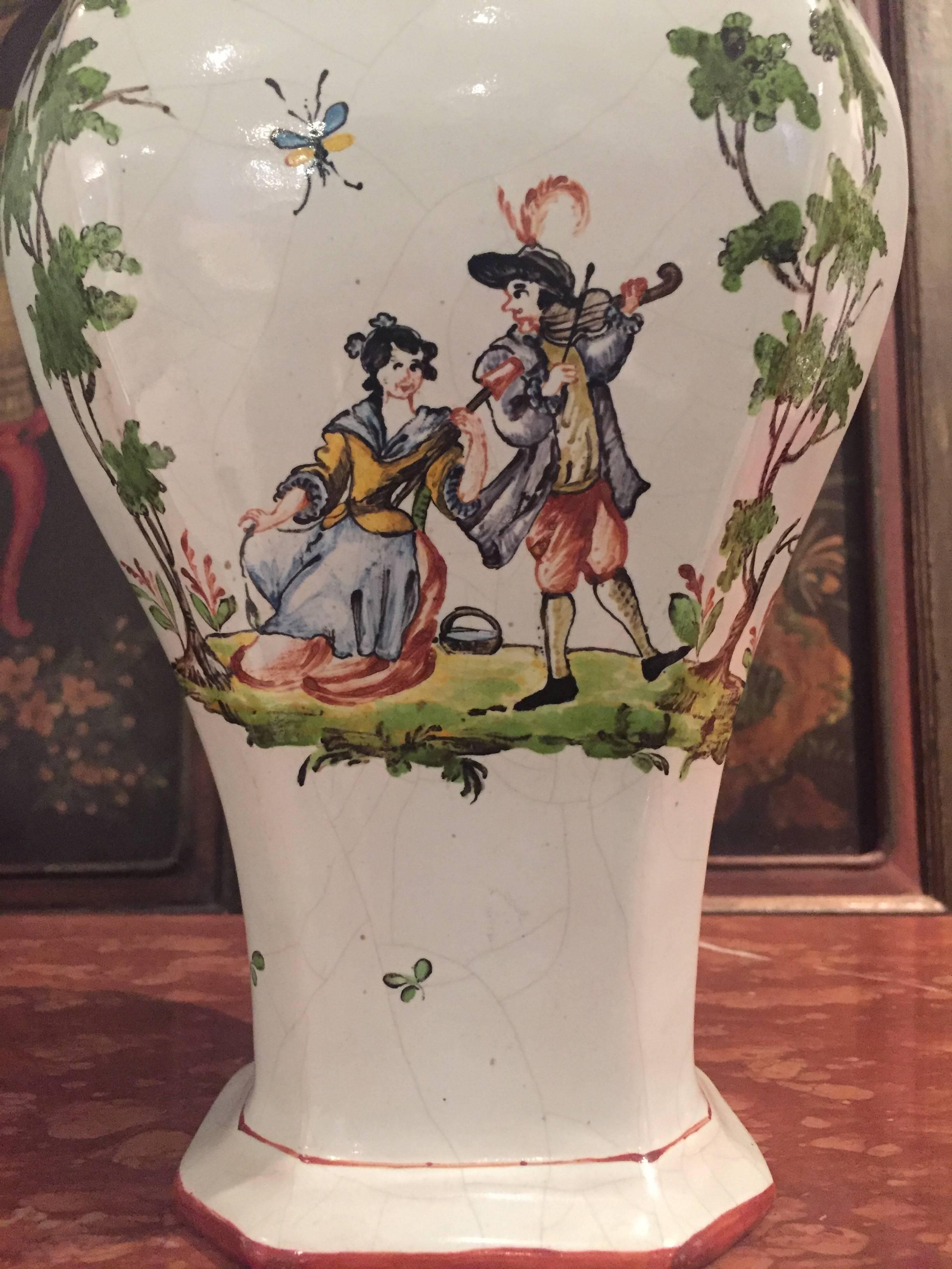 Pair of Italian Faience Covered Vases of Baluster Form with Charming Scenes For Sale 2