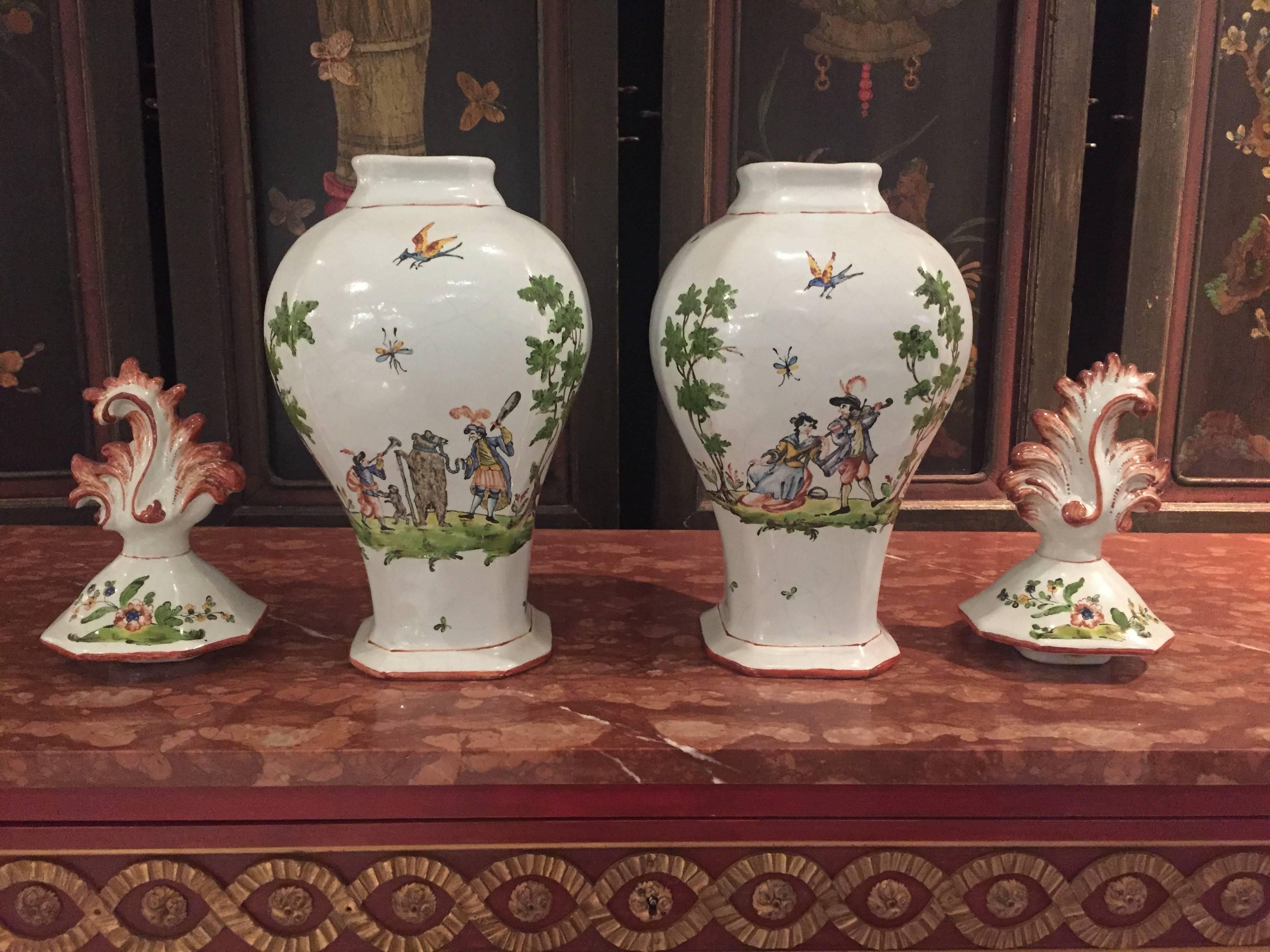 Pair of Italian Faience Covered Vases of Baluster Form with Charming Scenes For Sale 3