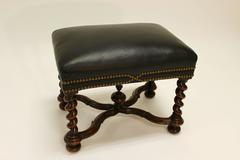 William and Mary Style Walnut Barley Twist Stool with Dark Leather Upholstery