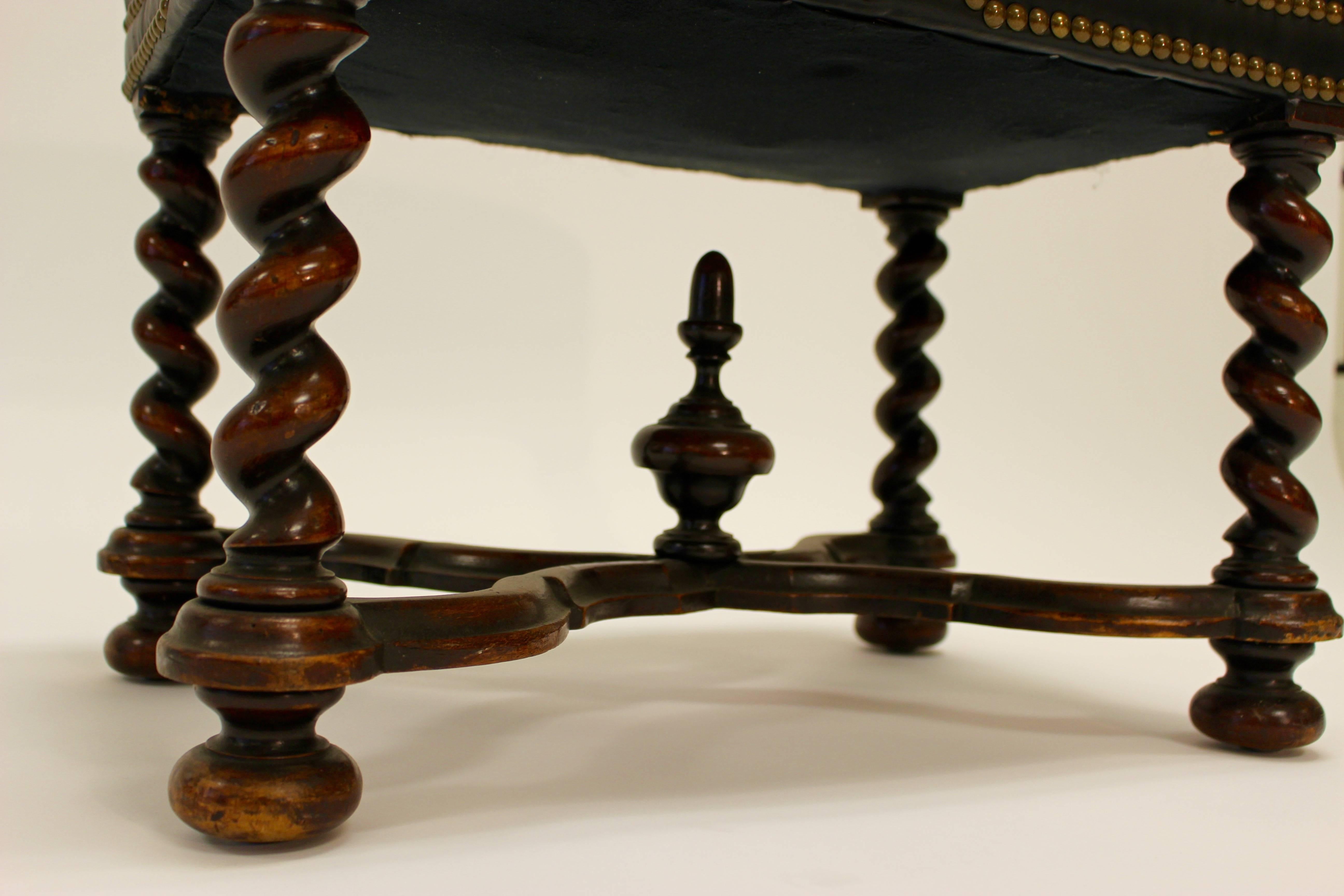 Turned William and Mary Style Walnut Barley Twist Stool with Dark Leather Upholstery