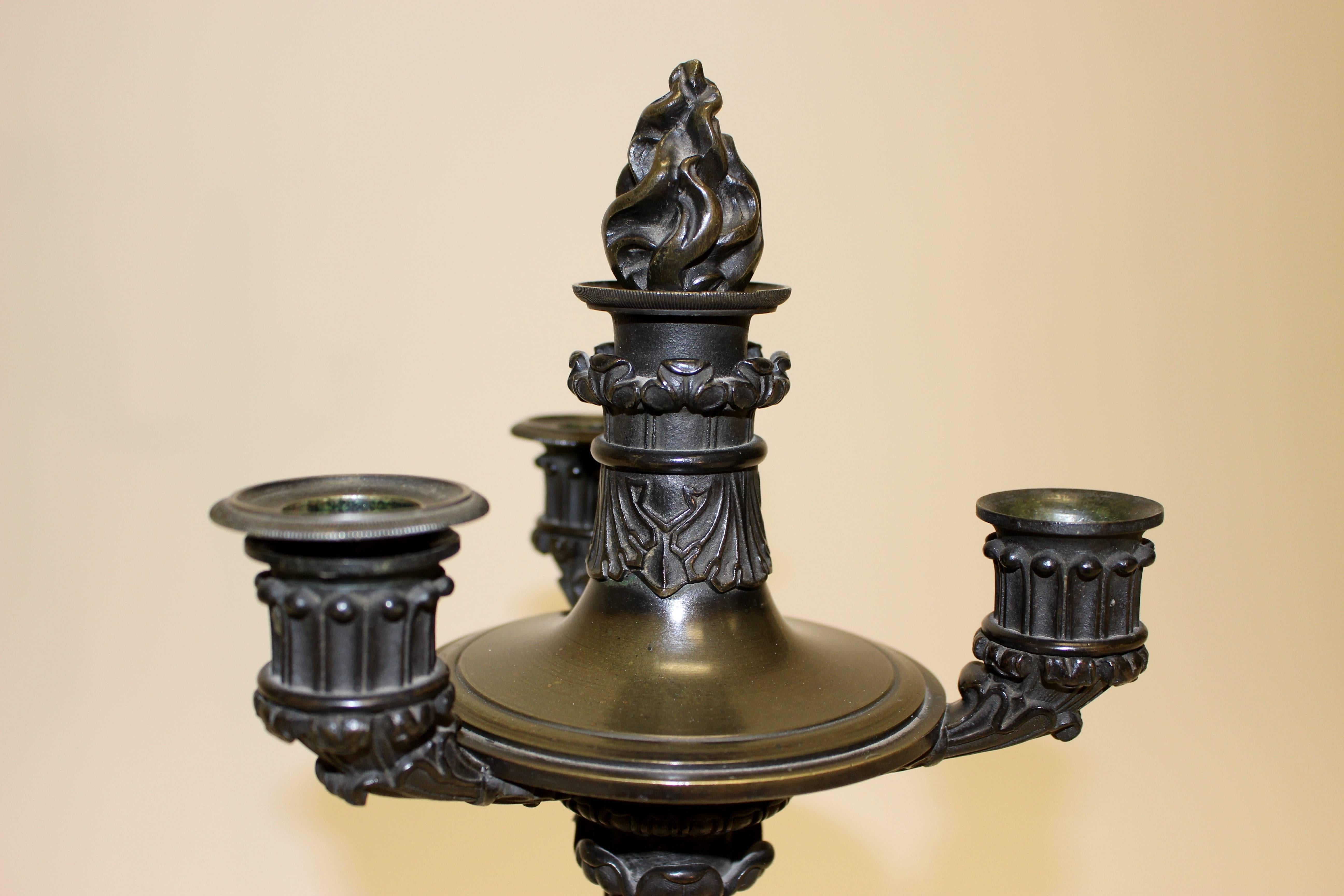 Pair of Brass and Siena Marble Triple Candlesticks on Paw Feet and Tripod Base For Sale 1
