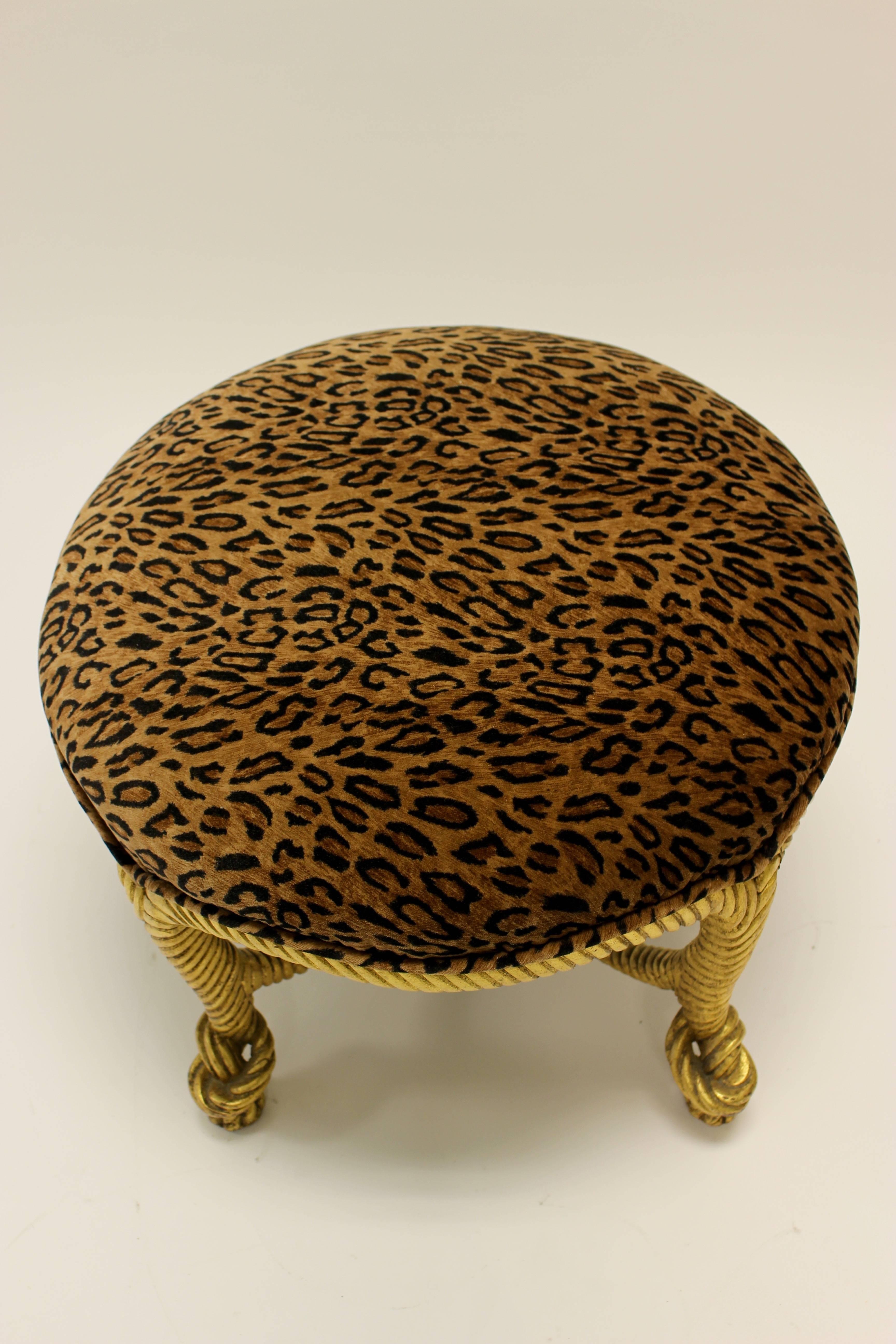 French Decorative Napoleon III Style Giltwood Rope Stool with Animal Fabric In Good Condition For Sale In Palm Desert, CA