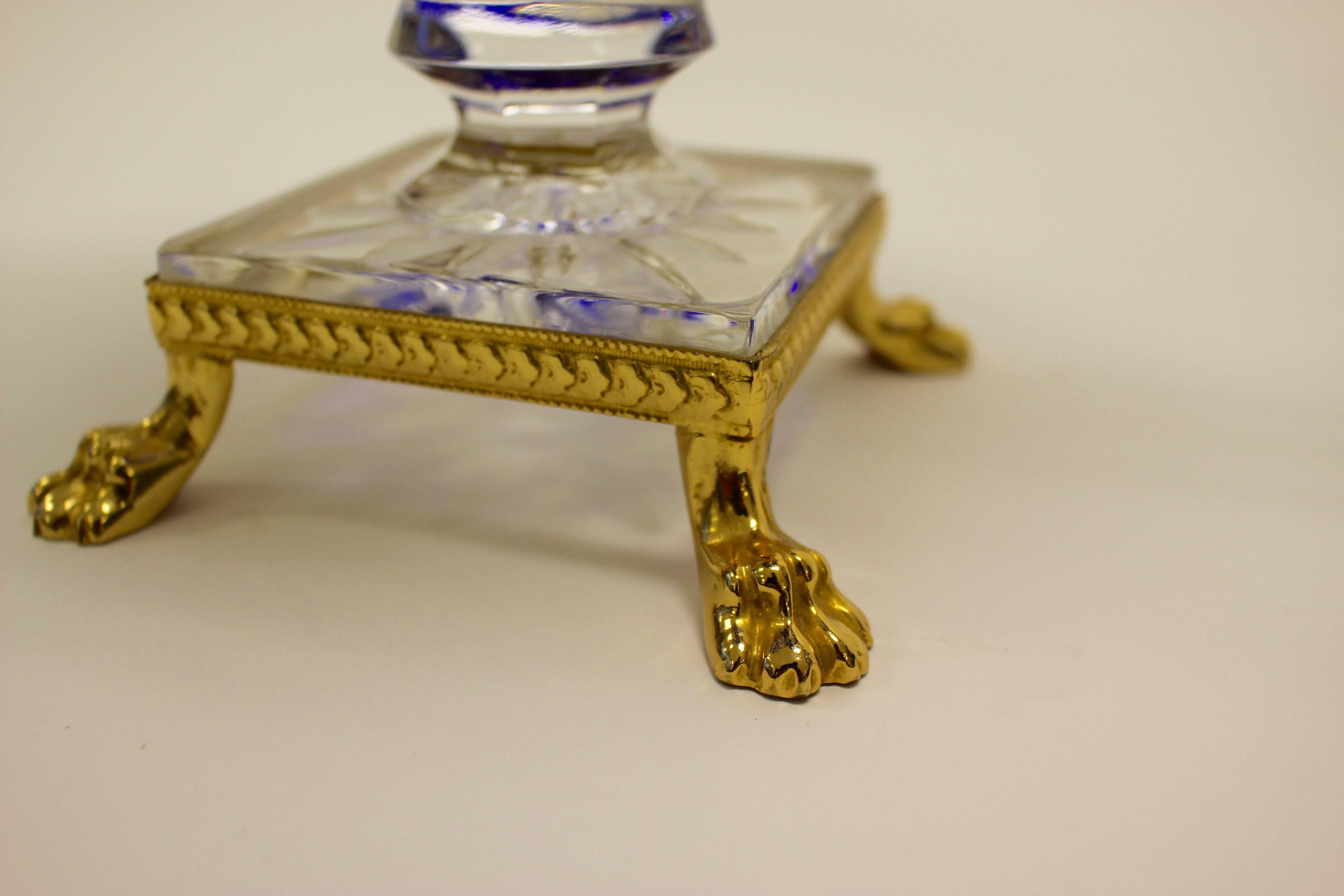 20th Century Pair of French Two-Handed Gilt-Metal Cobalt-Blue and Clear Crystal Faceted Vases For Sale