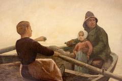 Painting of a Woman Blissfully Rowing a Seaman Holding a Small Child