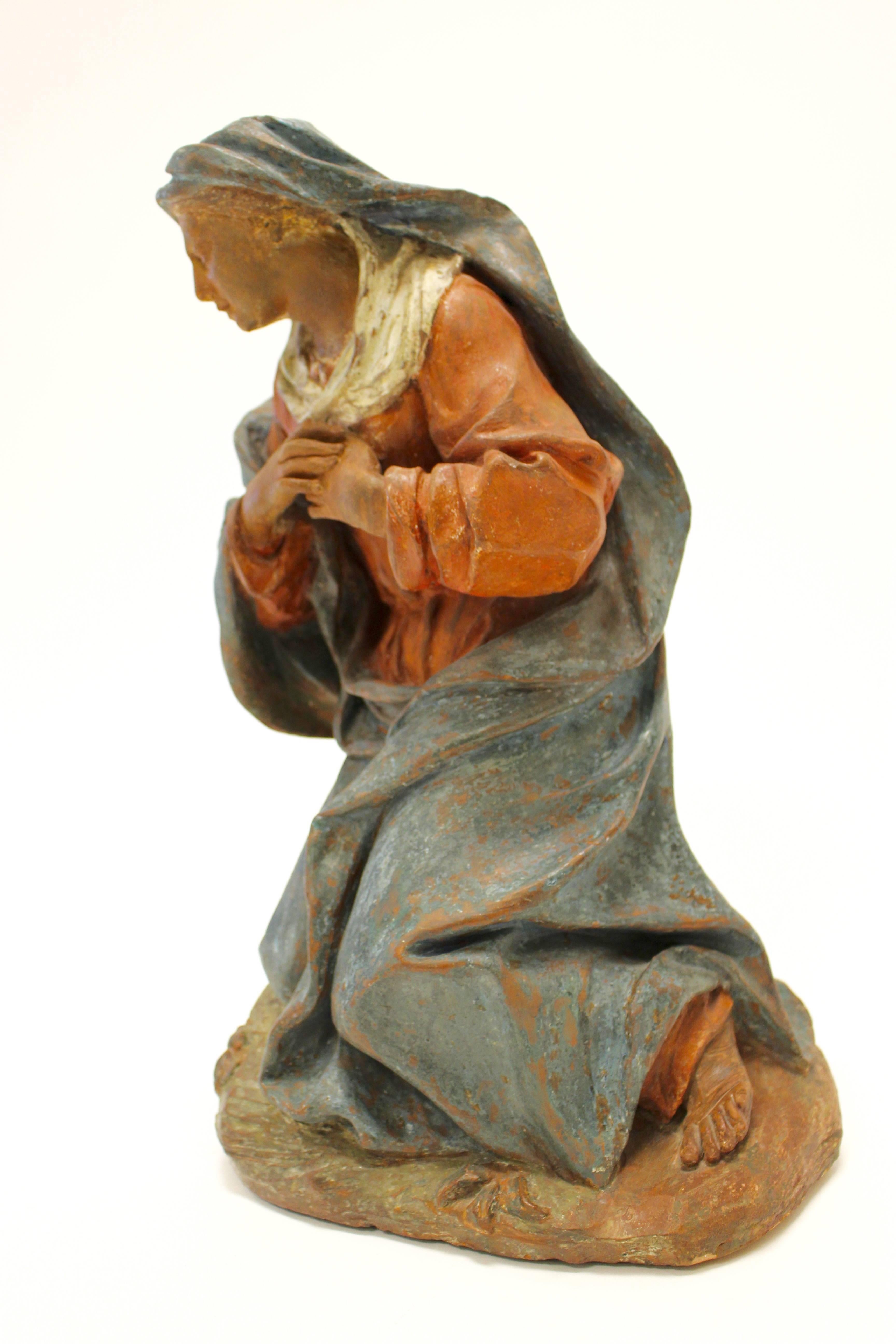 European 18th Century Continental Polychrome Terracotta Sculpture of the Kneeling Virgin For Sale