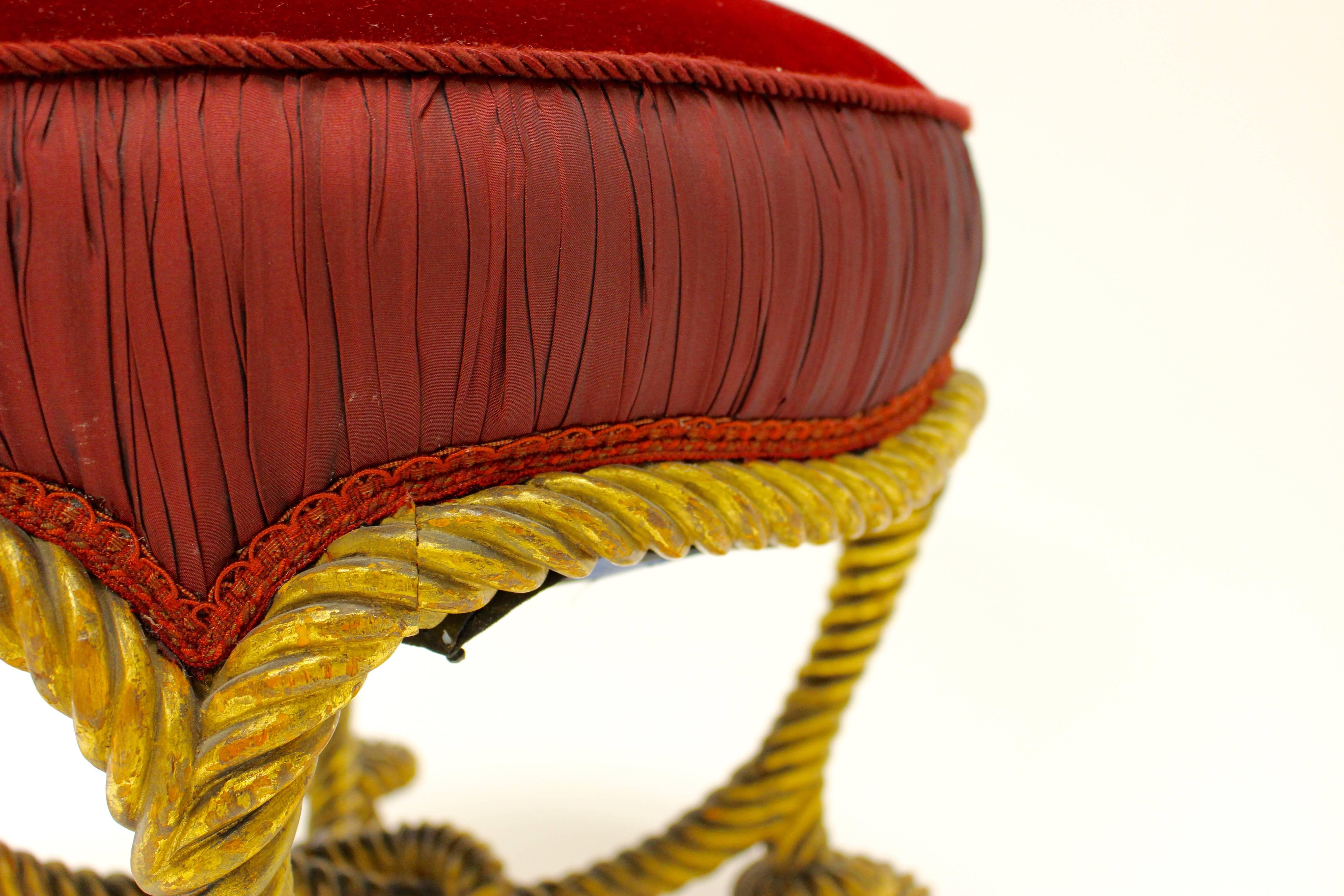 French Napoleon III Style Giltwood Rope Stool with Circular Red Velvet Seat In Good Condition For Sale In Palm Desert, CA