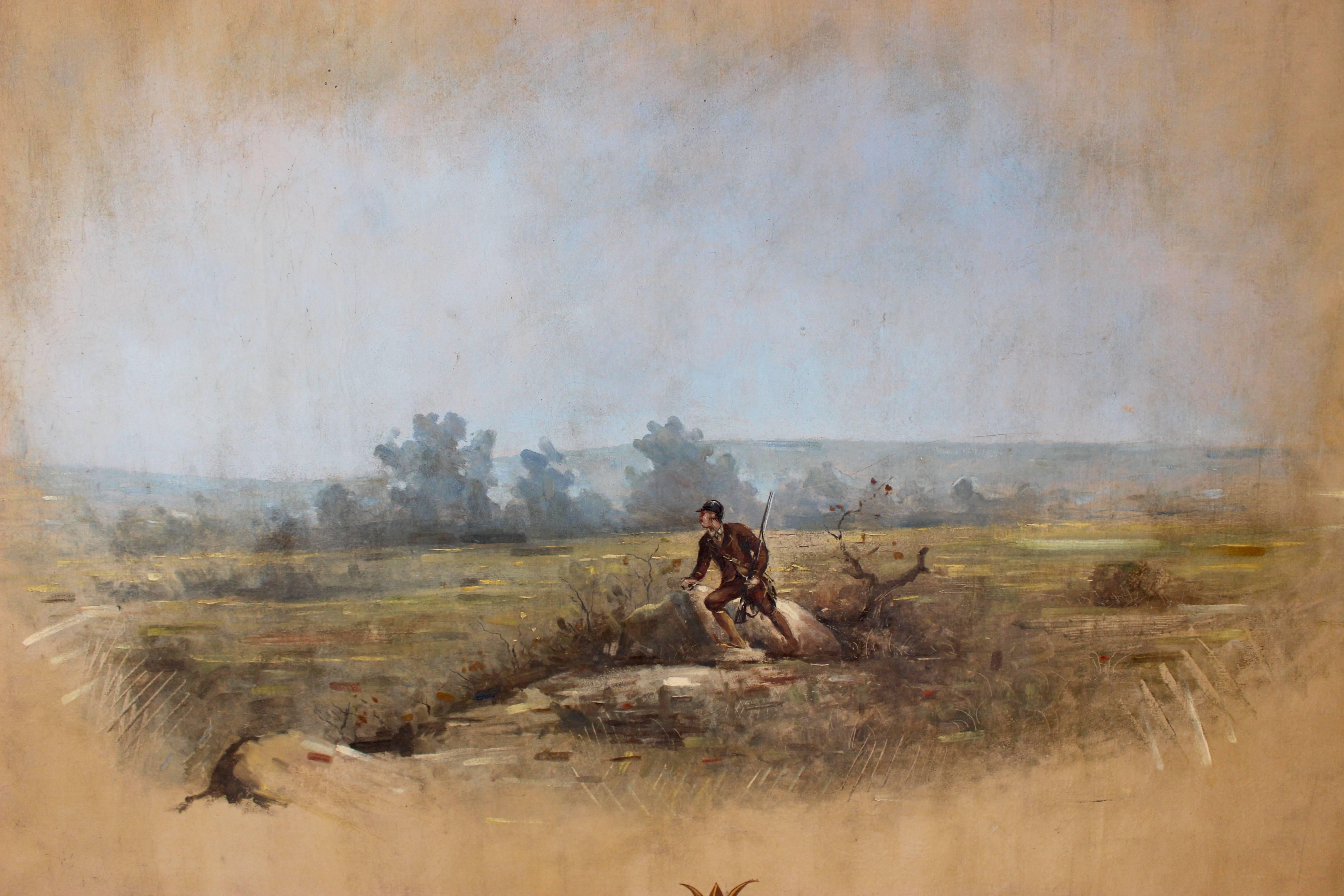 A large and very decorative French oil on canvas painted panel featuring a countryside scene of a walking man from the beginning of the 20th century. The centre of the panel features a scene with a man dressed in hunting attire walking in an