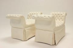 Pair of Cream-Colored Silk Button-Tufted Rolled Arm Benches with Ample Skirt