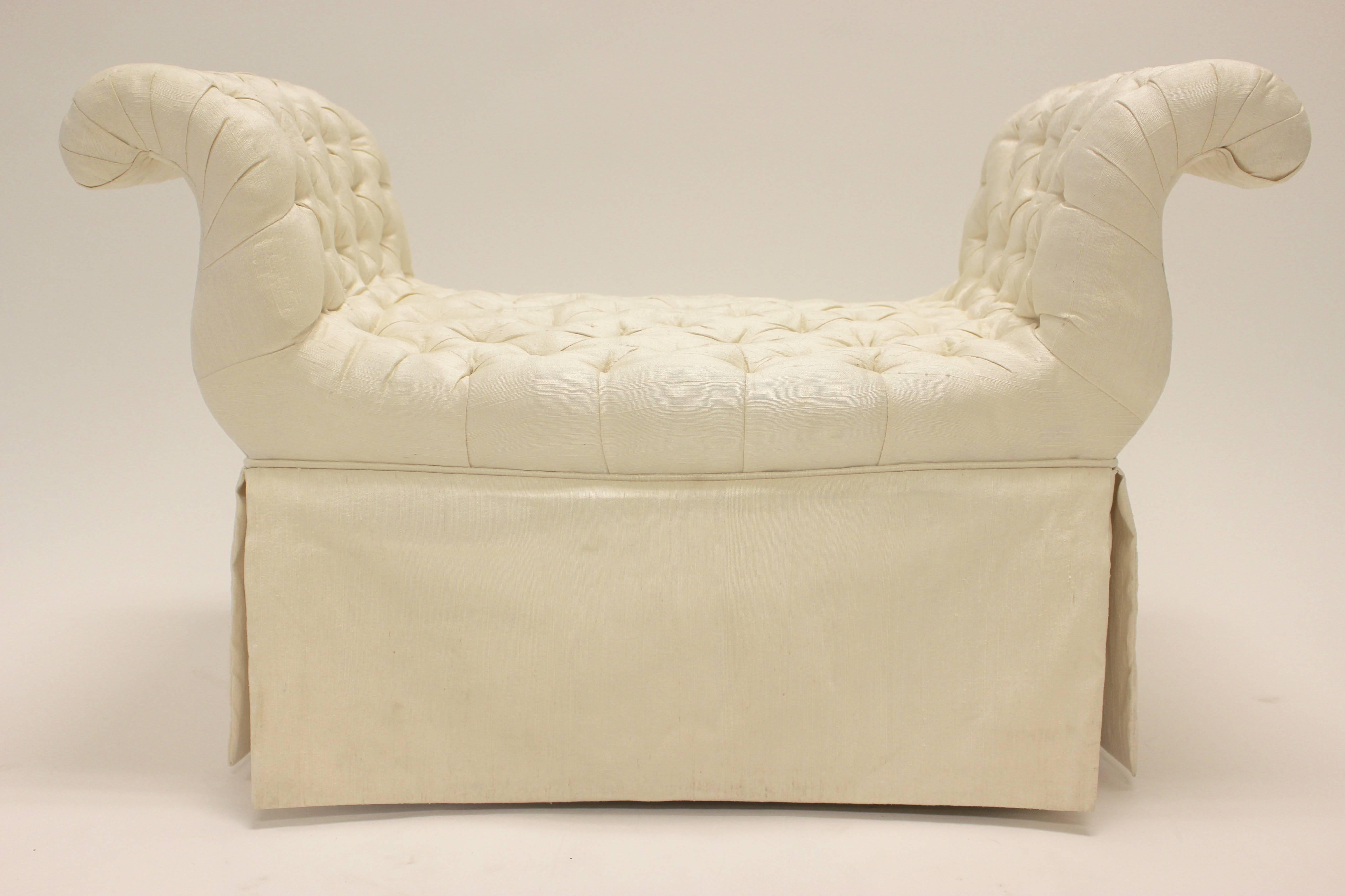 Pair of Cream-Colored Silk Button-Tufted Rolled Arm Benches with Ample Skirt In Good Condition For Sale In Palm Desert, CA