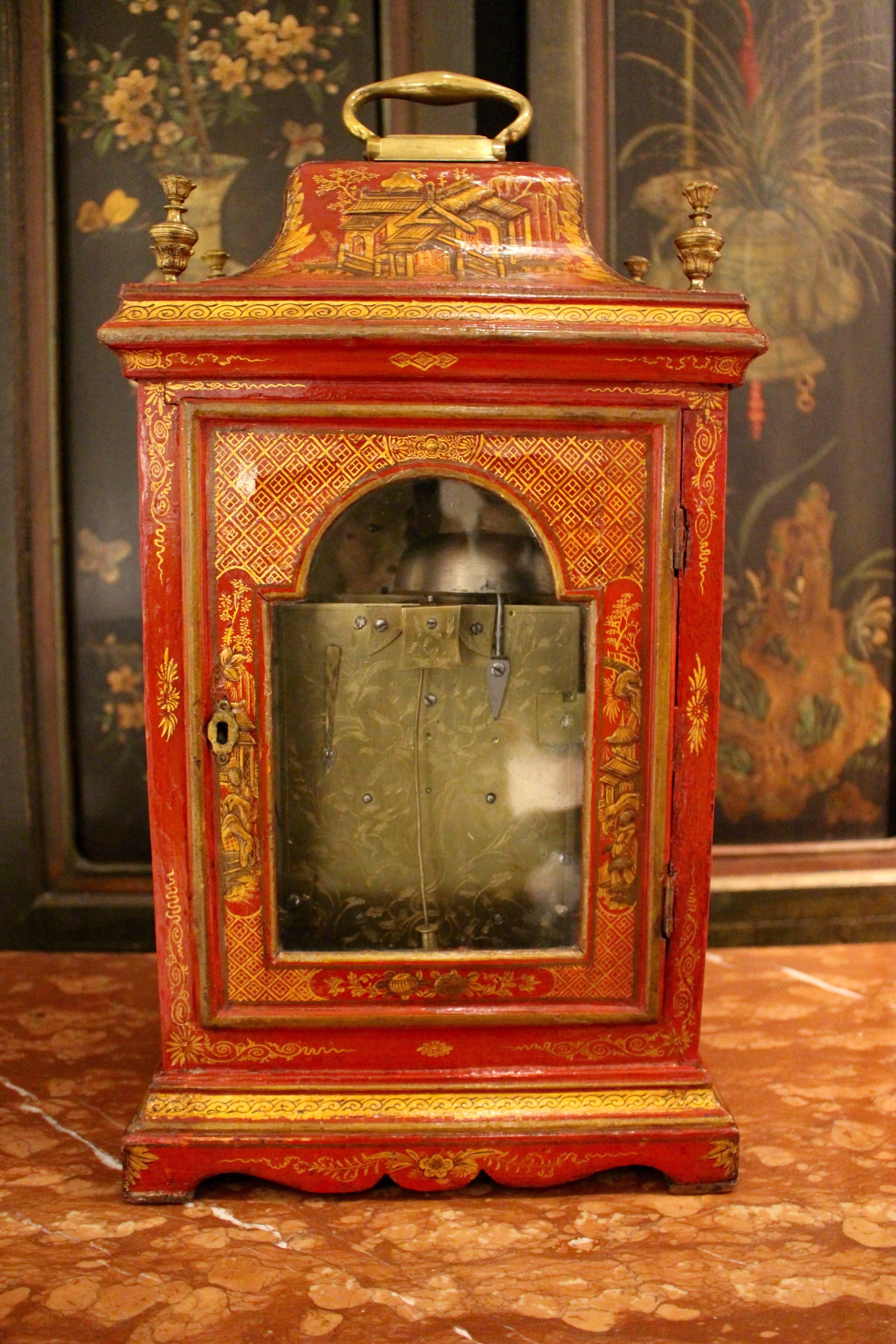 English George II Parcel-Gilt Scarlet-Japanned Chinoiserie Table Clock by William Creak For Sale
